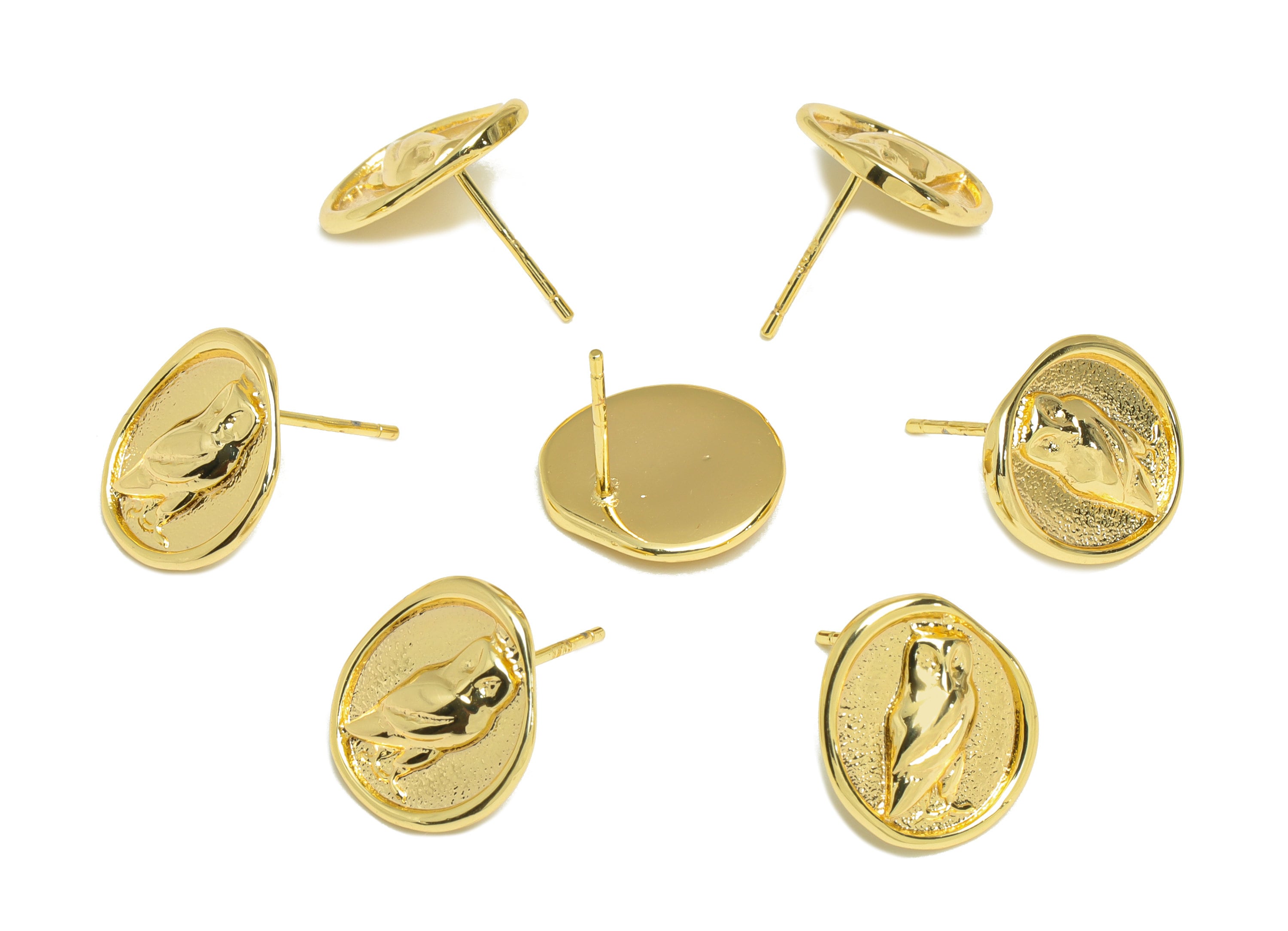 Brass Hoot Owl Earring Stud - Brass Owl Earring Post - 18K Real Gold Plated Brass - Jewelry Supplies - 13.94x12.6x2.2mm - RGP2354B - DOMEDBAZAAR
