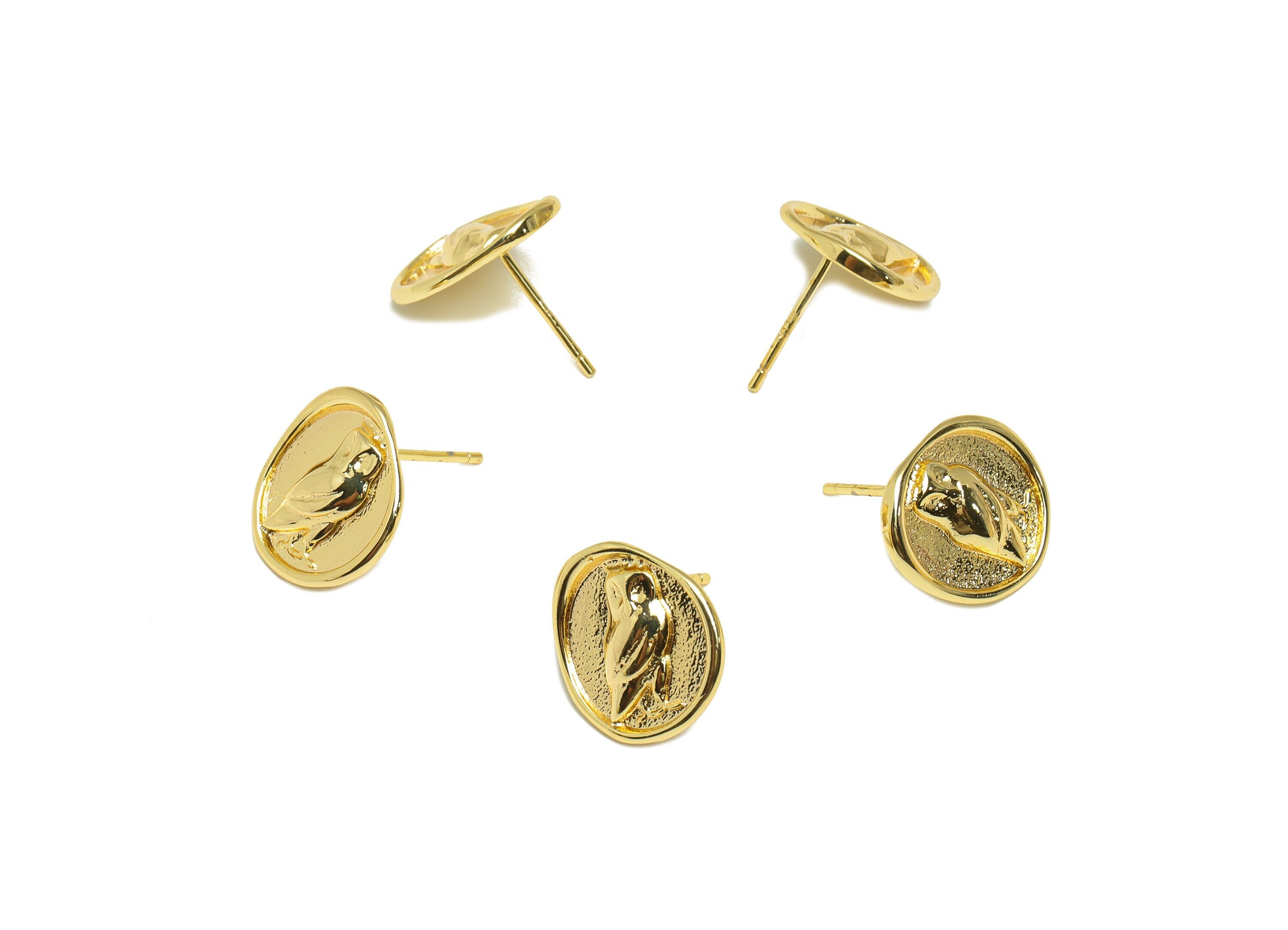 Brass Hoot Owl Earring Stud - Brass Owl Earring Post - 18K Real Gold Plated Brass - Jewelry Supplies - 13.94x12.6x2.2mm - RGP2354B - DOMEDBAZAAR