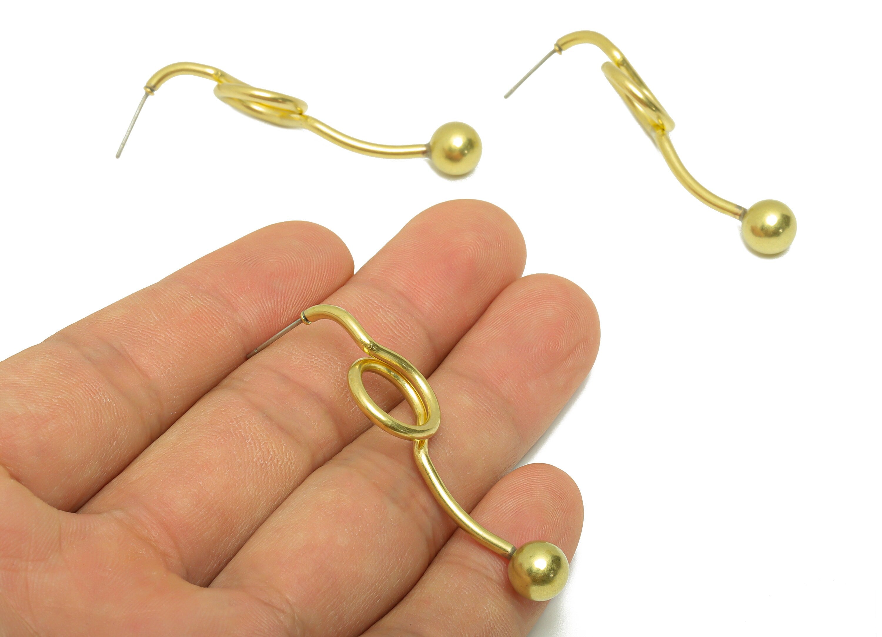 Brass Wire Ball Earring Post - Brass Twine Round Earring Stud - Brass Ball Charms - Geometry Twine Earring Post - 50.05x14.42x2.03mm- PP8873 - DOMEDBAZAAR