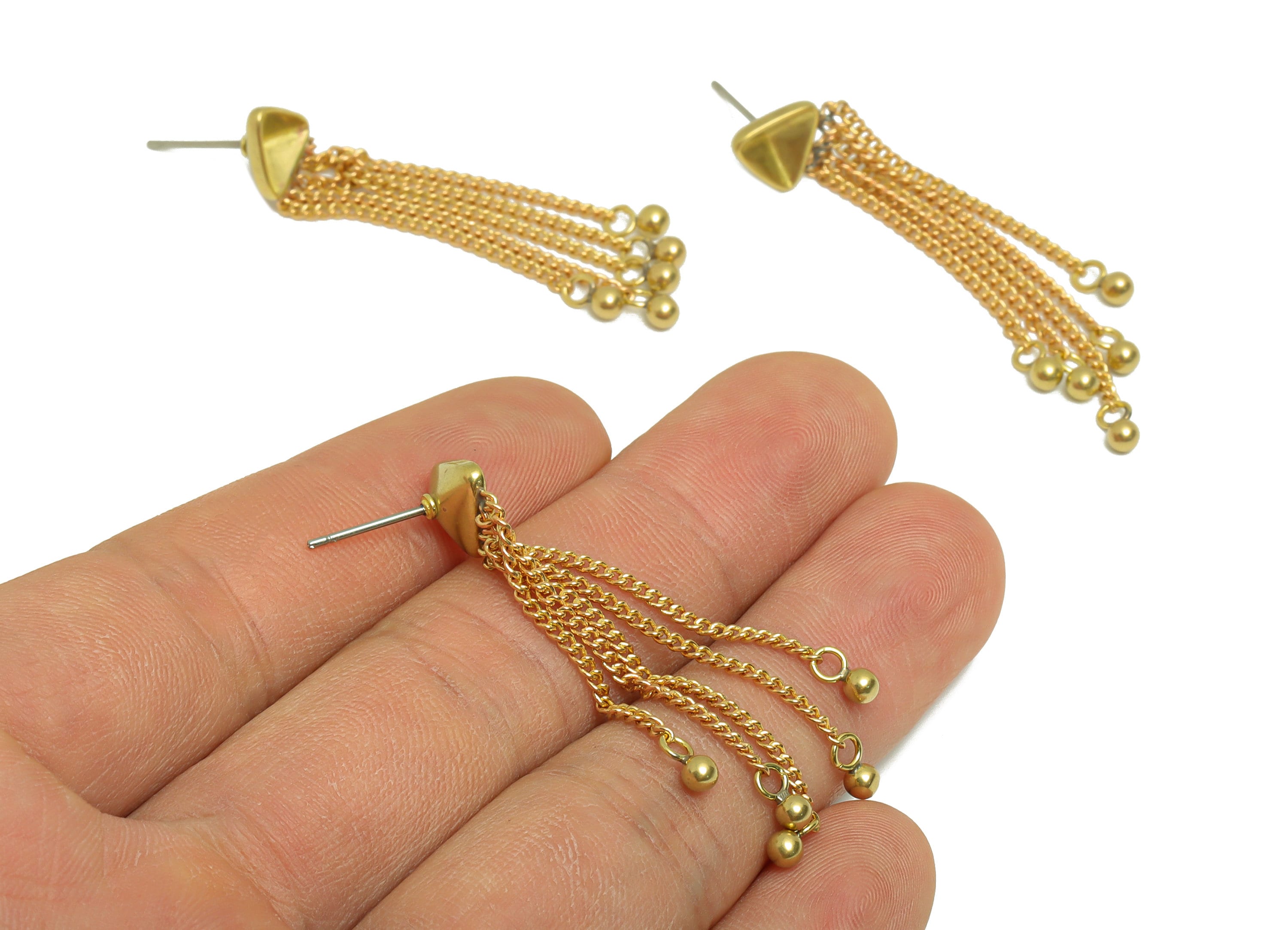 Triangle Tassel Chain Earring Post - Brass Tassel Earring Stud - Hang Chain Ball Stud - Triangle Tassel Stud for Diamond - 51x8x1mm- PP8899 - DOMEDBAZAAR