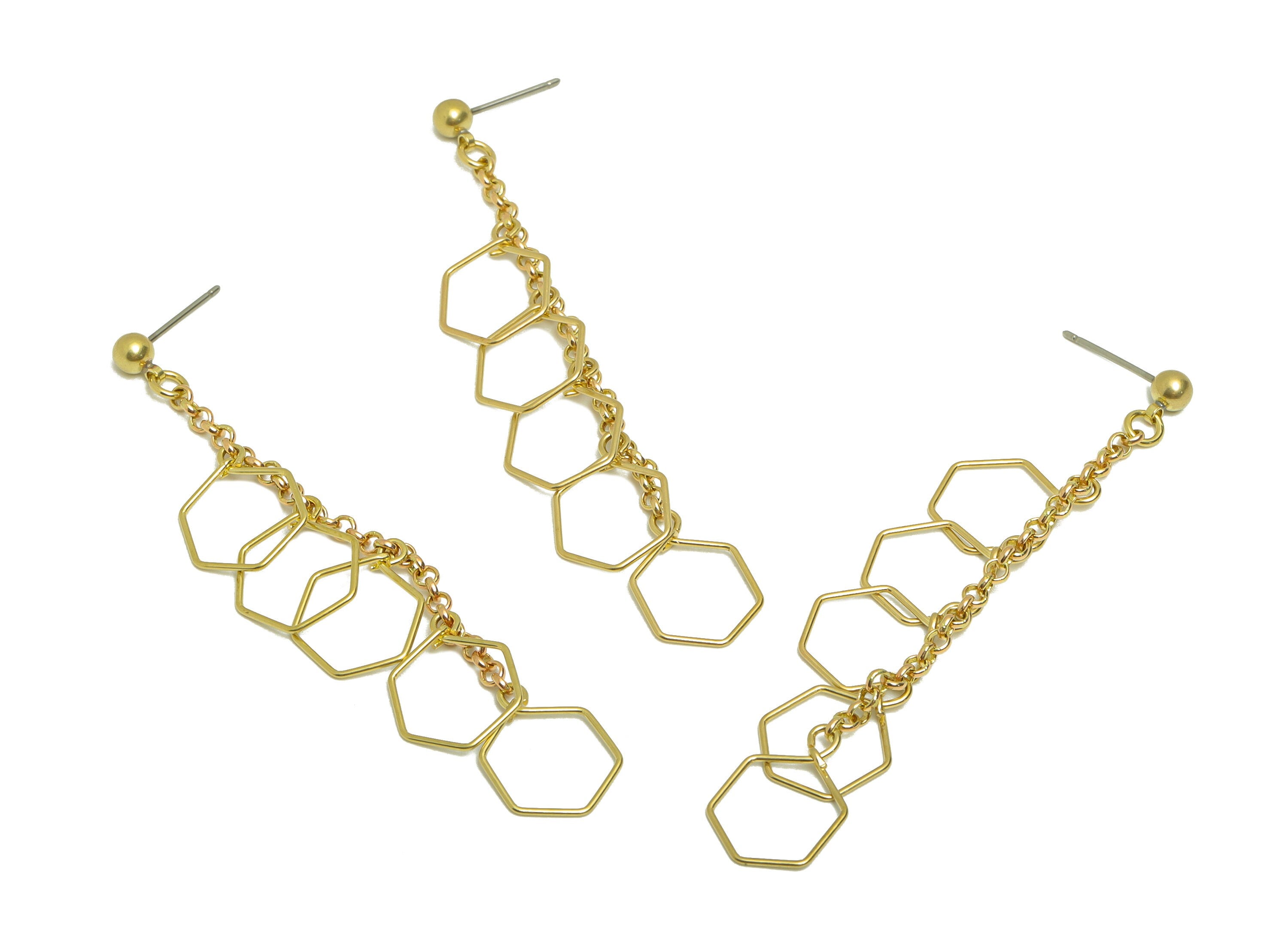 Brass Dangle Tassel Earring - Brass Chain Tassel Earring Stud - Brass 5 Hexagon Chain Earring Post - Ball Earring Post - 66x12x0.6mm- PP8884 - DOMEDBAZAAR