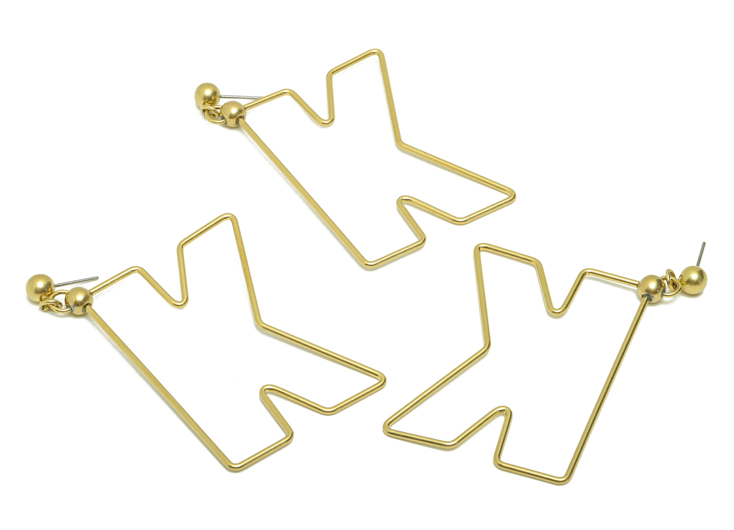 Brass Dangle K Wire Earring Post - Brass Letter Earring Stud - Brass K Earring Post - Link Letter K Earring Post - 66.96x44.37x1.5mm -PP8843 - DOMEDBAZAAR