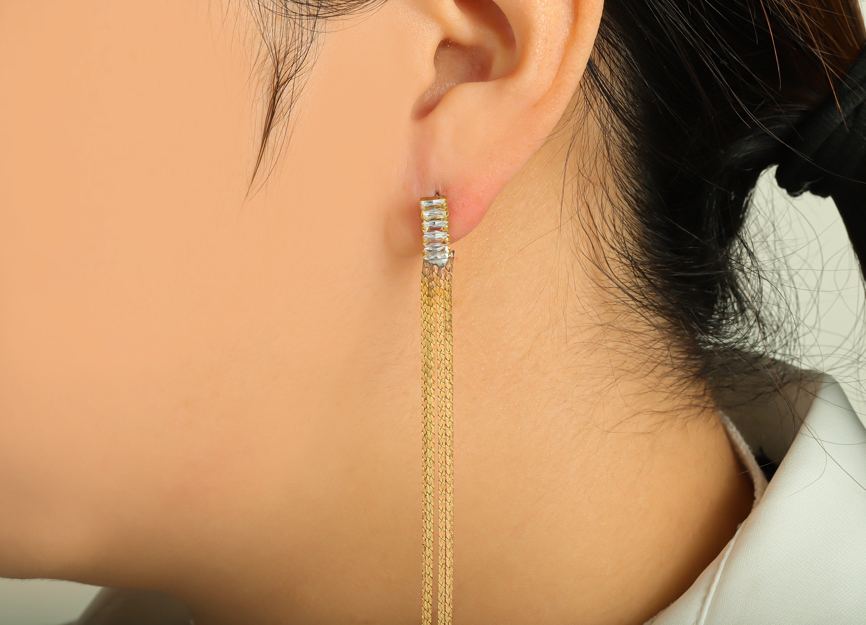 Brass Long Chain Tassel Earring Stud - Raw Brass Zircon Tassel Earring Post - Minimalist Chain Hanging Ear - Tassel Post - 190x4x2mm -PP9219 - DOMEDBAZAAR