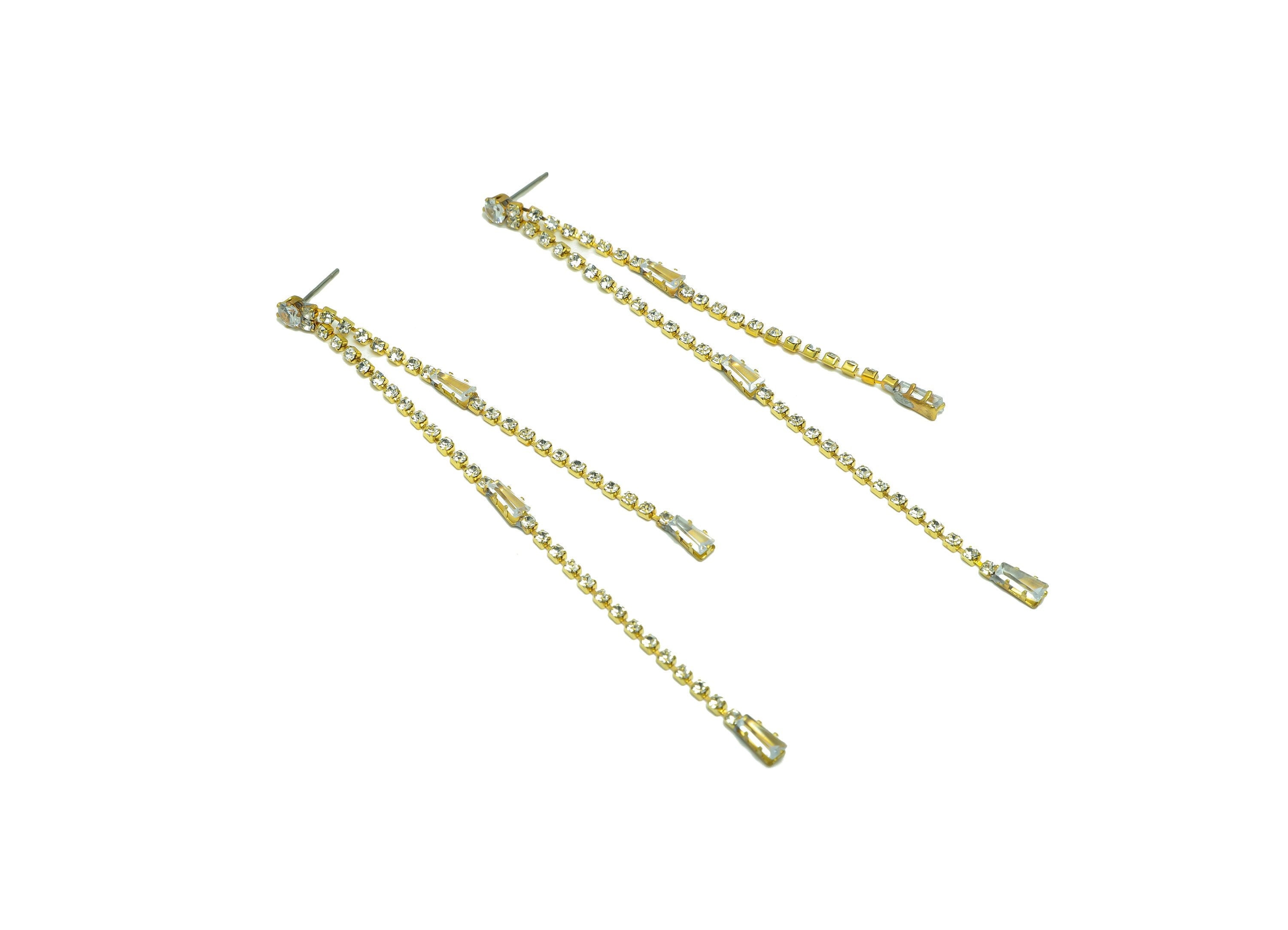 Brass CZ Tassel Earring Stud - Brass Zircon Tassel Earring Post - Minimalist Long Chain Hanging - Trapezoid Tassel Post - 105x4x3mm -PP9218 - DOMEDBAZAAR