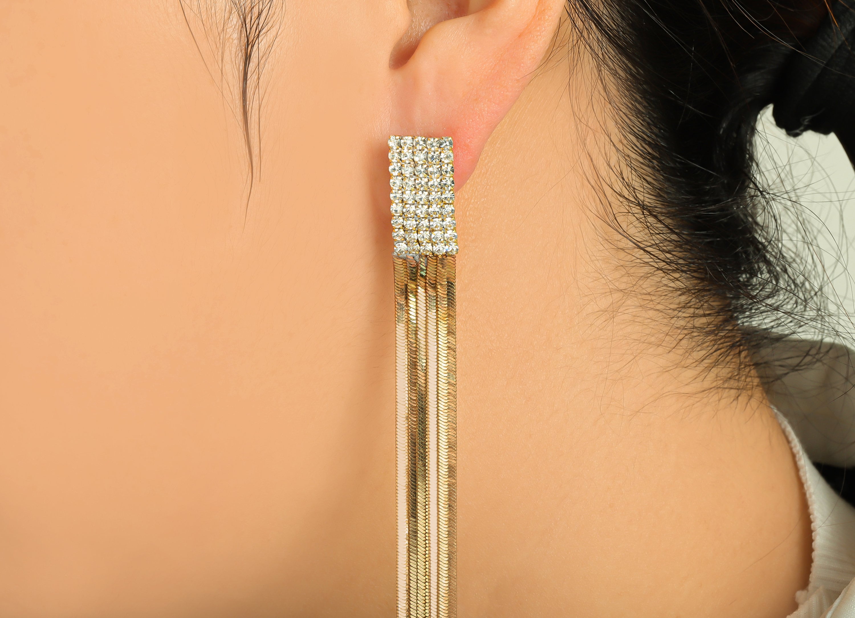 Brass Snake Chain Tassel Earring Stud - Raw Brass Zircon Tassel Earring Post - Geometry Snake Chain Earring Post - 97x10x2.6mm - PP9226 - DOMEDBAZAAR