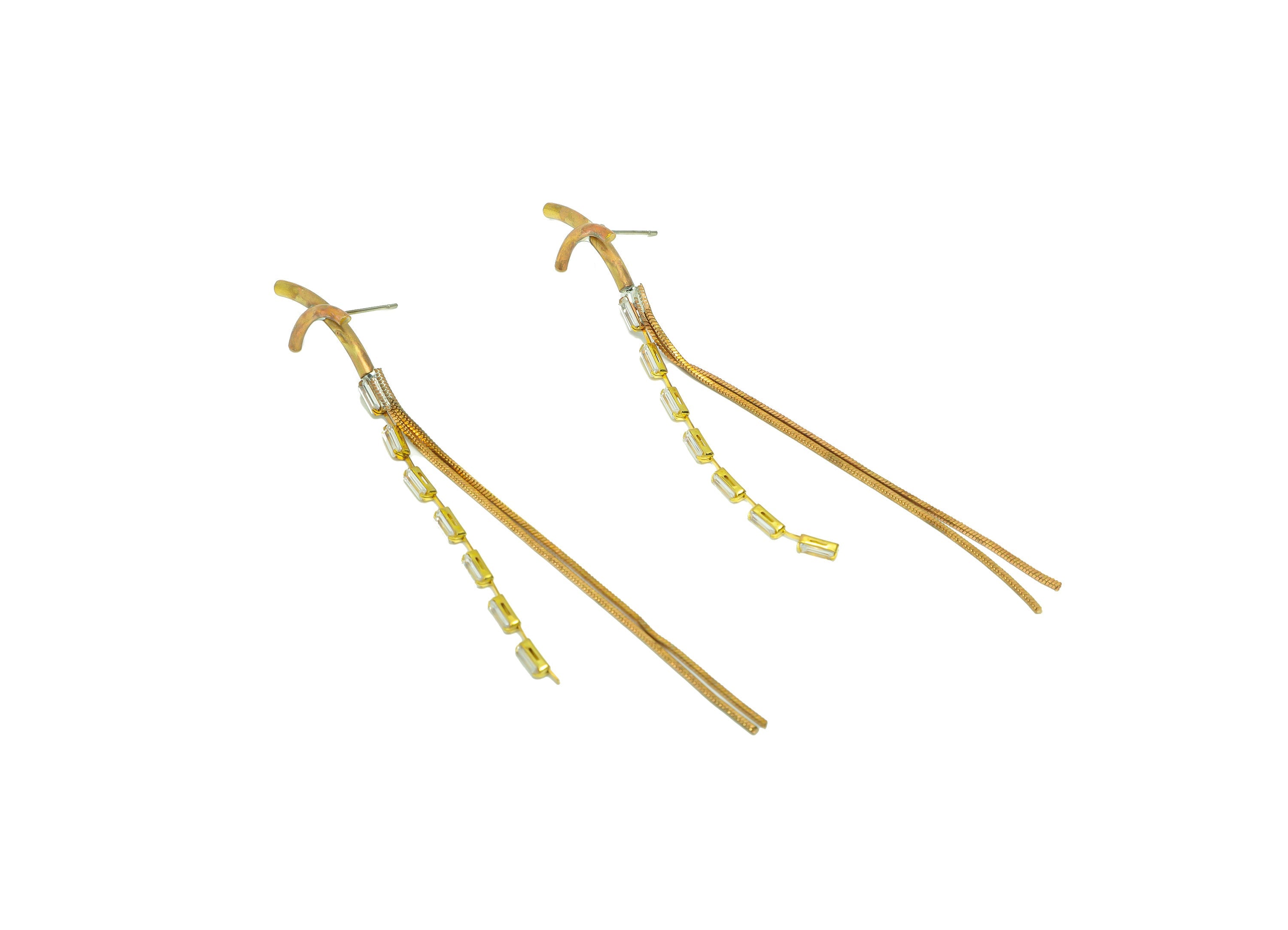 Brass Snake Chain Tassel Earring Stud - Raw Brass Zircon Tassel Earring Post - Stick Cross Chain Earring Post - 100x13x2.49mm - PP9225 - DOMEDBAZAAR