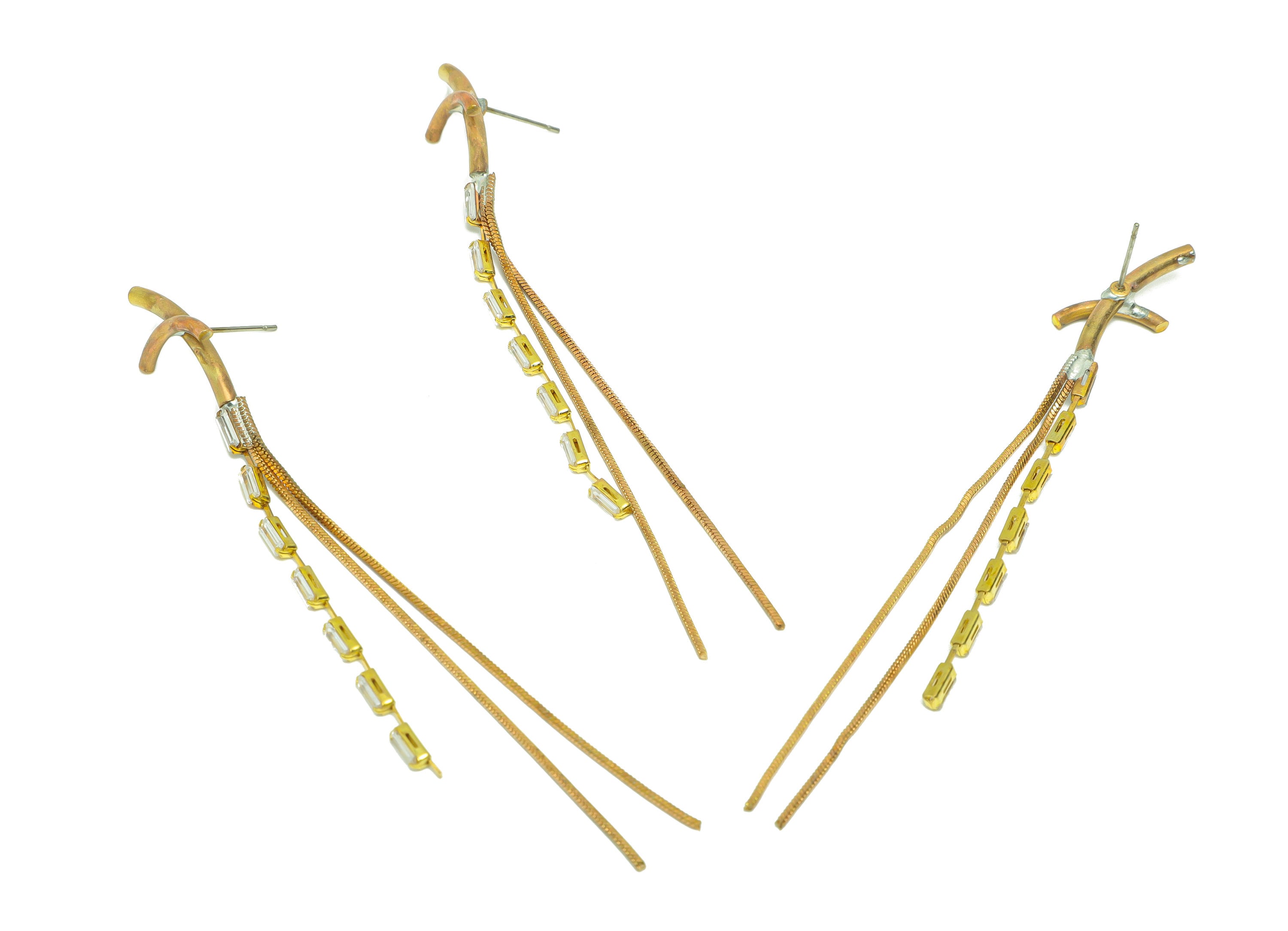 Brass Snake Chain Tassel Earring Stud - Raw Brass Zircon Tassel Earring Post - Stick Cross Chain Earring Post - 100x13x2.49mm - PP9225 - DOMEDBAZAAR