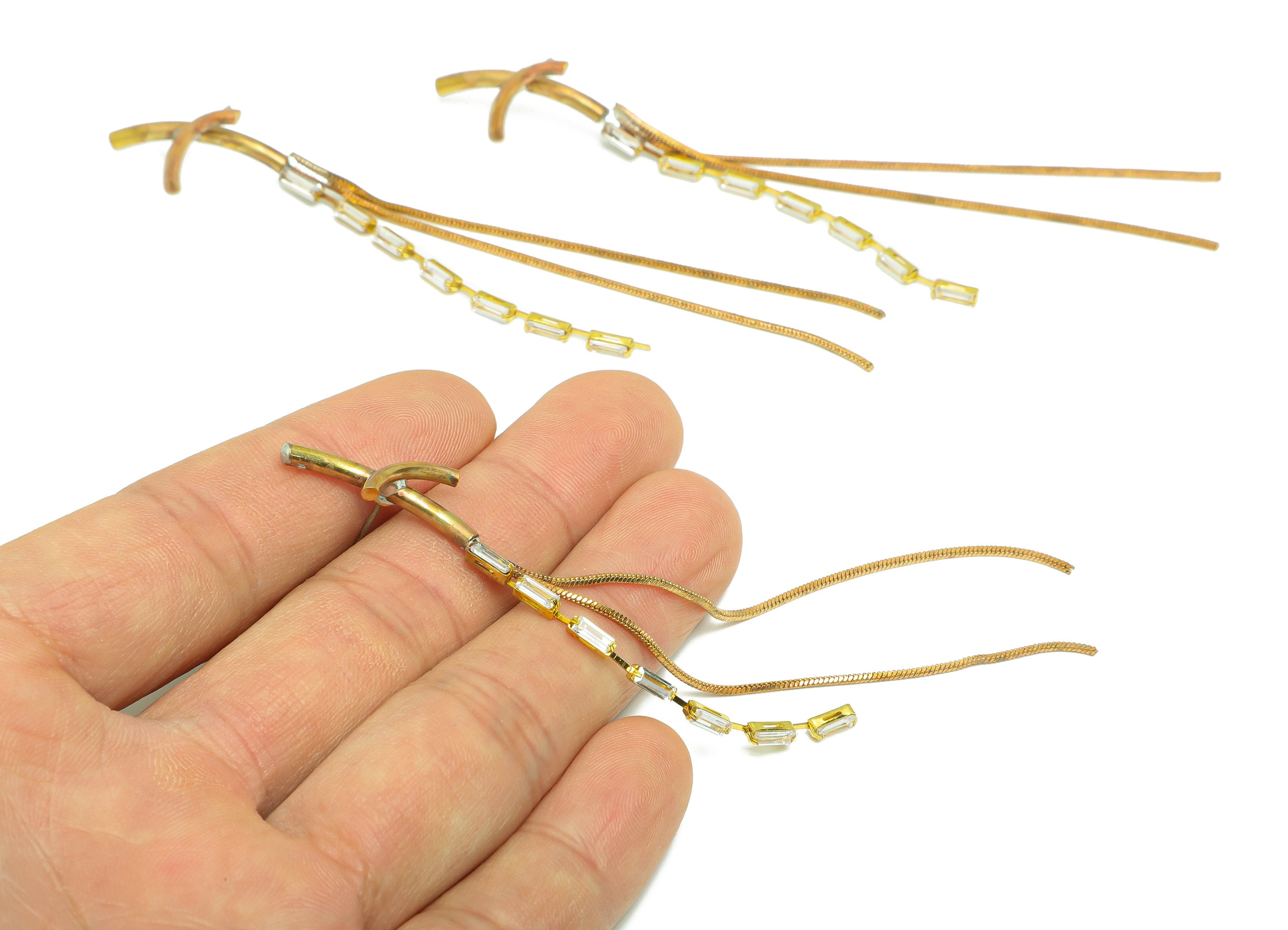 Brass Snake Chain Tassel Earring Stud - Raw Brass Zircon Tassel Earring Post - Stick Cross Chain Earring Post - 100x13x2.49mm - PP9225 - DOMEDBAZAAR