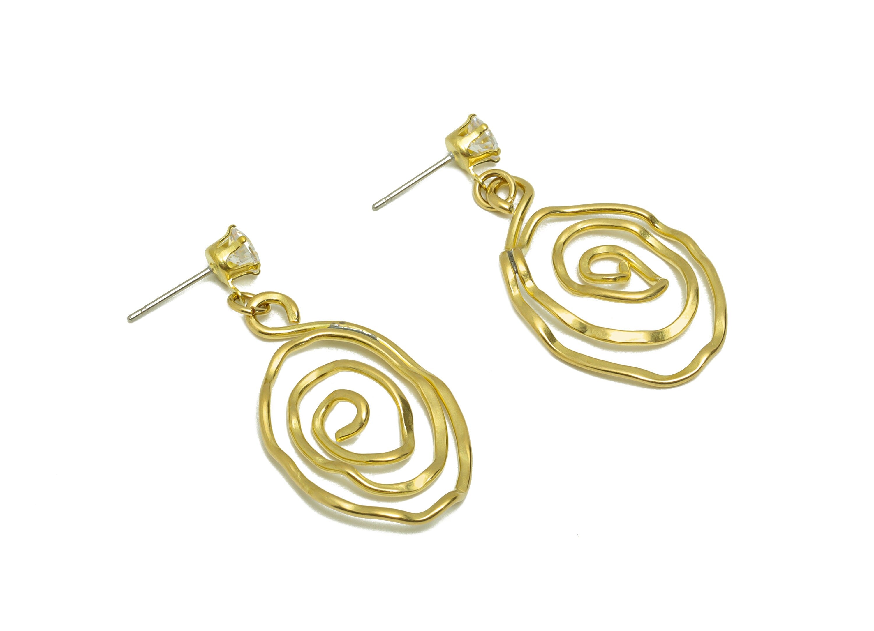 Hammered Wire Snail Dangle Earring - Brass Twine Wire Hammered Earring Stud - Brass Cubic Zircon Wire Earring Post - 39x19x1mm - PP8849 - DOMEDBAZAAR