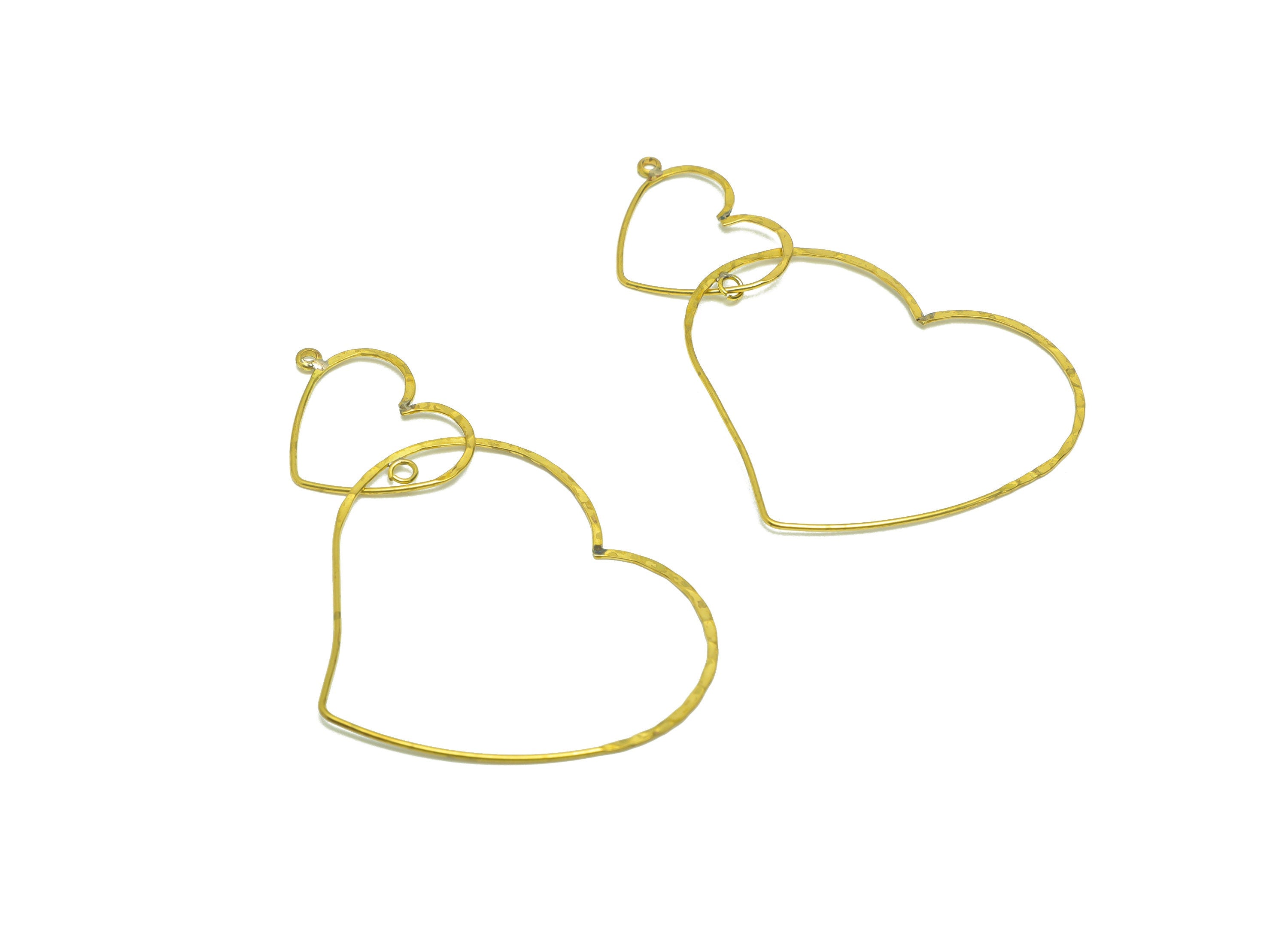 Brass Heart Wire Earring Charm - Brass Hammered Heart Wire Earring Charm - Double Heart Wire Dangle Earring Charm - 38.06x46.0x0.77mm-PP9026 - DOMEDBAZAAR