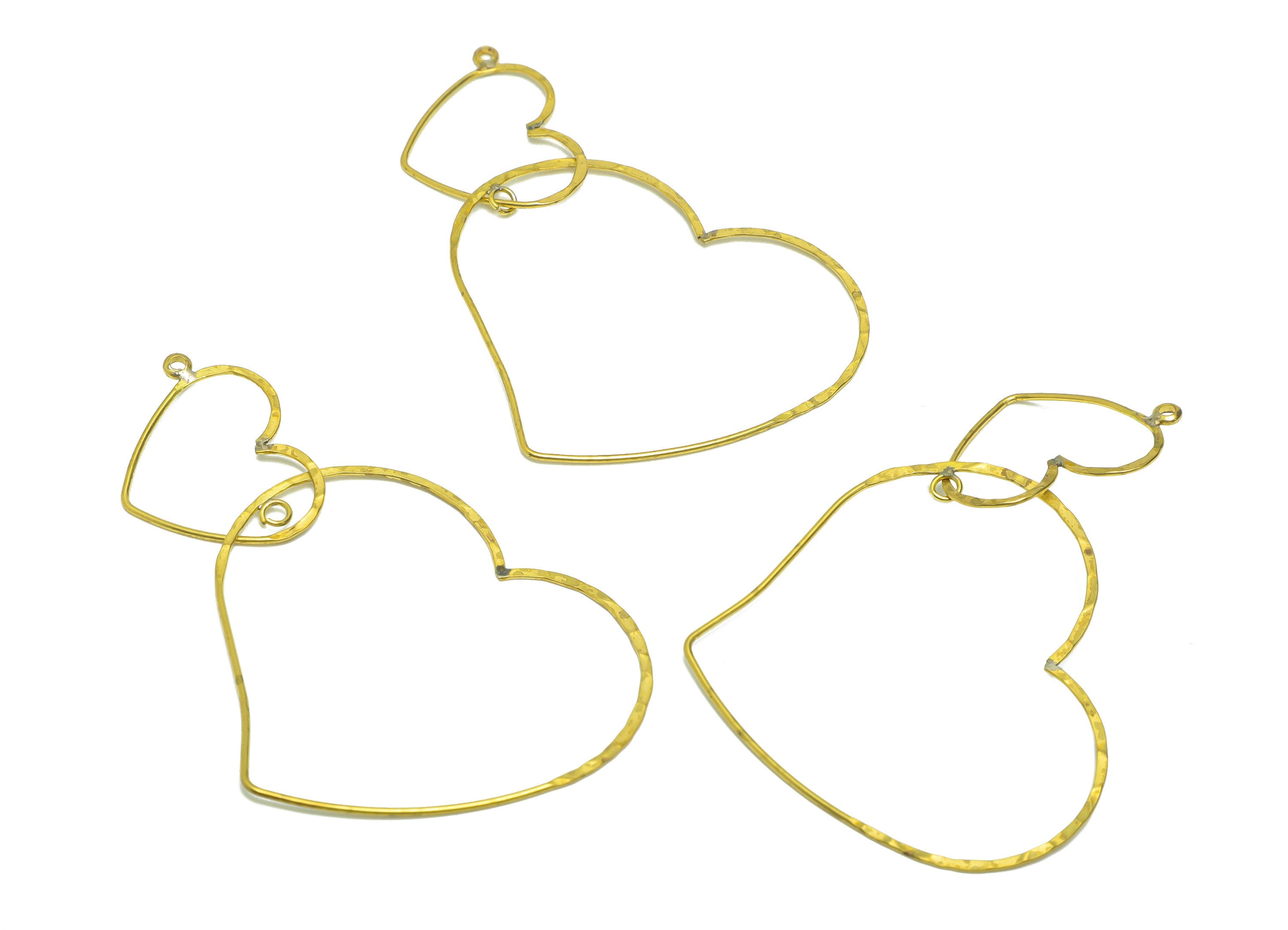 Brass Heart Wire Earring Charm - Brass Hammered Heart Wire Earring Charm - Double Heart Wire Dangle Earring Charm - 38.06x46.0x0.77mm-PP9026 - DOMEDBAZAAR