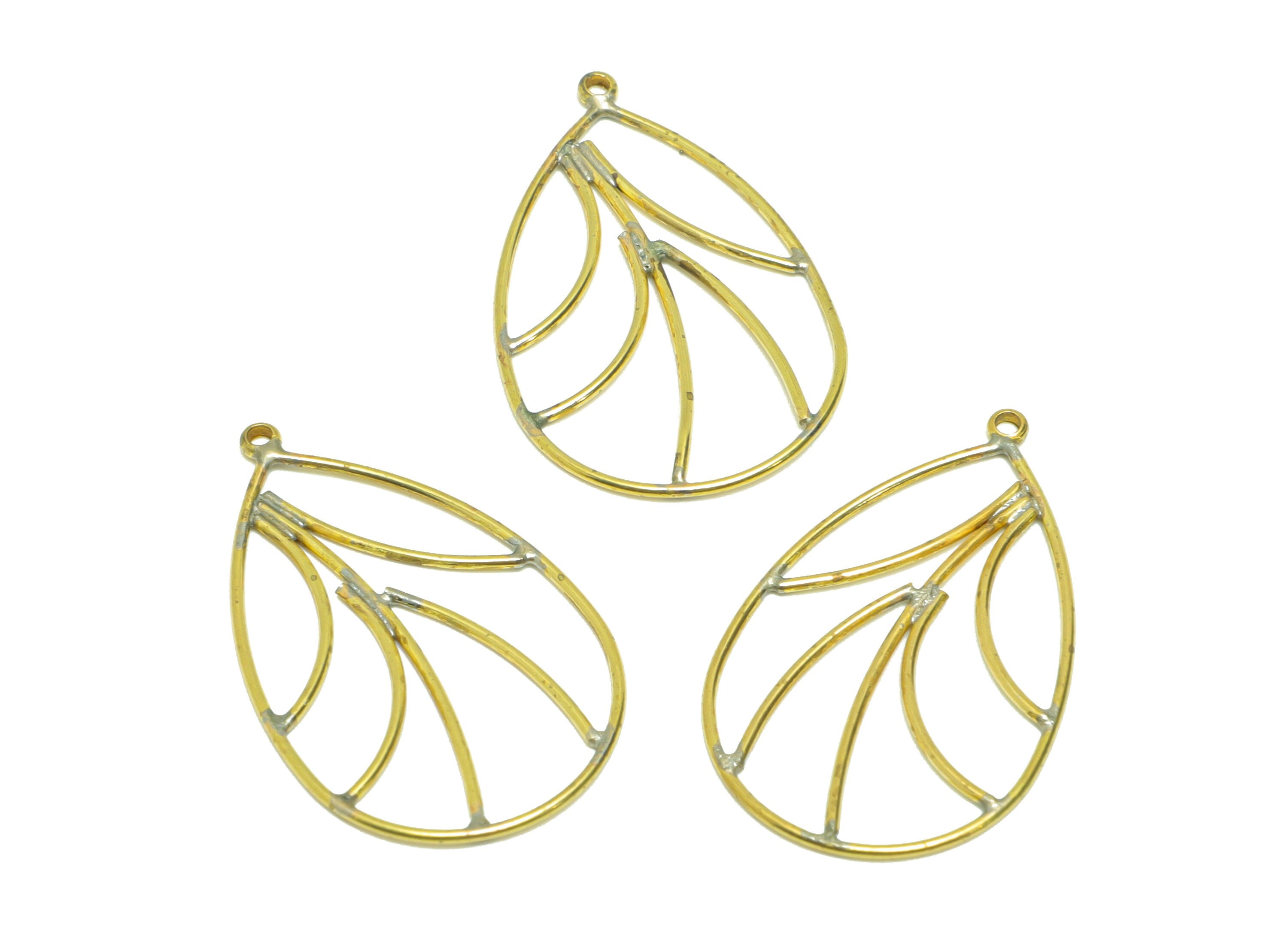Brass Drop Wire Earring Charm - Brass Teardrop Wire Earring Charm - Brass Nervure Earring Charm - Teardrop Earring Charm - 31x19x1mm-PP9071 - DOMEDBAZAAR