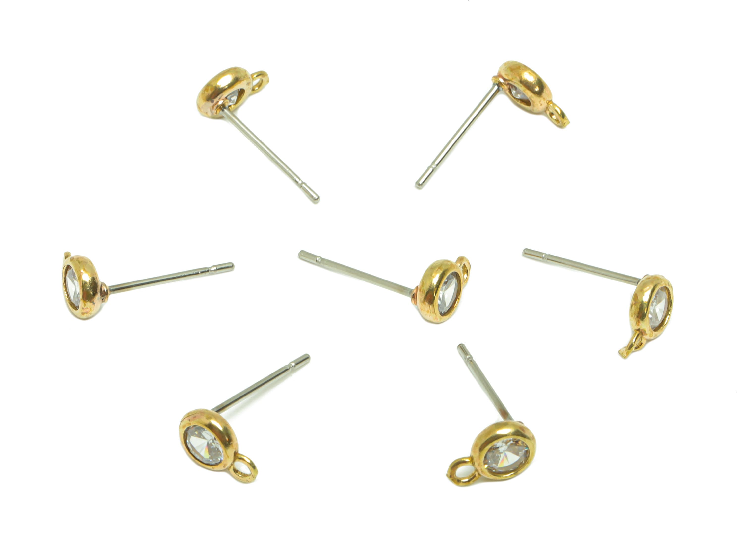 Brass Round Earring Post - Raw Brass Circle Zircon Earring Post - Mini Cubic Zircon Earring Post - Brass Post With Loop - 13x7x5mm - PP8977 - DOMEDBAZAAR
