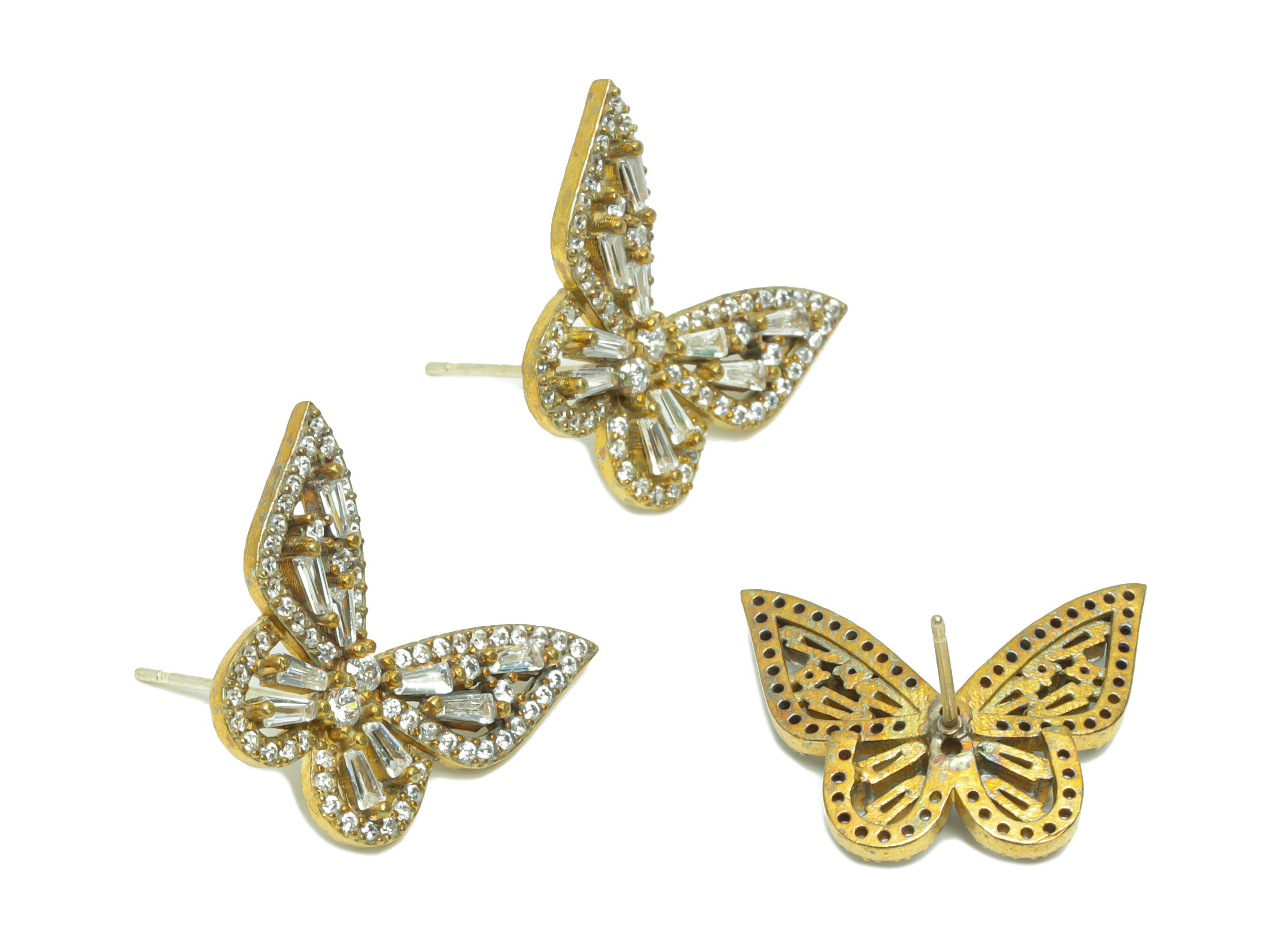 Brass Zircon Butterfly Earring Post - Raw Brass Inset Zircon Earring Post - Brass Cubic Zircon Earring Post - Zircon Post - 20x16x3mm-PP8966 - DOMEDBAZAAR