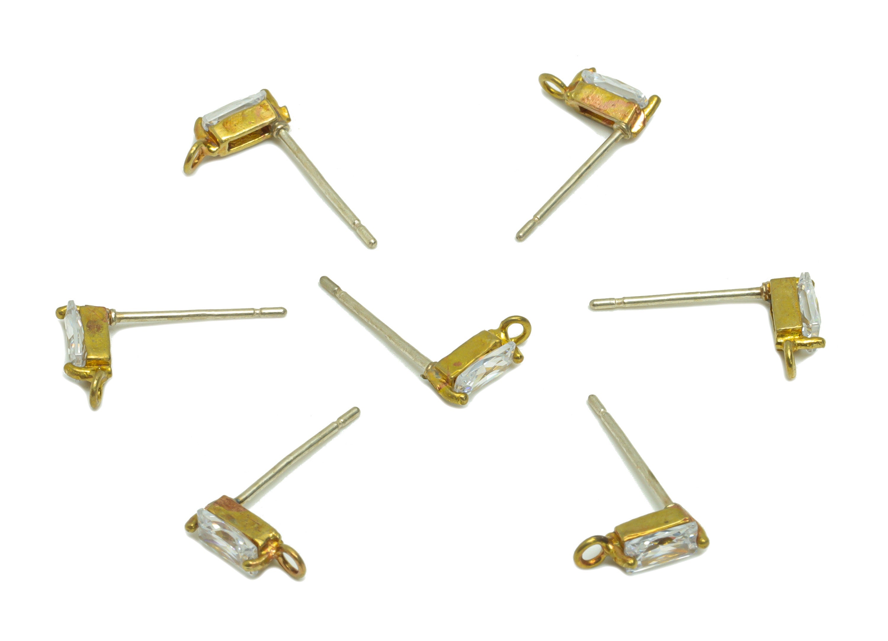 Brass Rectangle Earring Post - Raw Brass Geometry Zircon Earring Post - Brass Cubic Zircon Earring Post - Post With Loop - 15x8x3mm - PP8970 - DOMEDBAZAAR