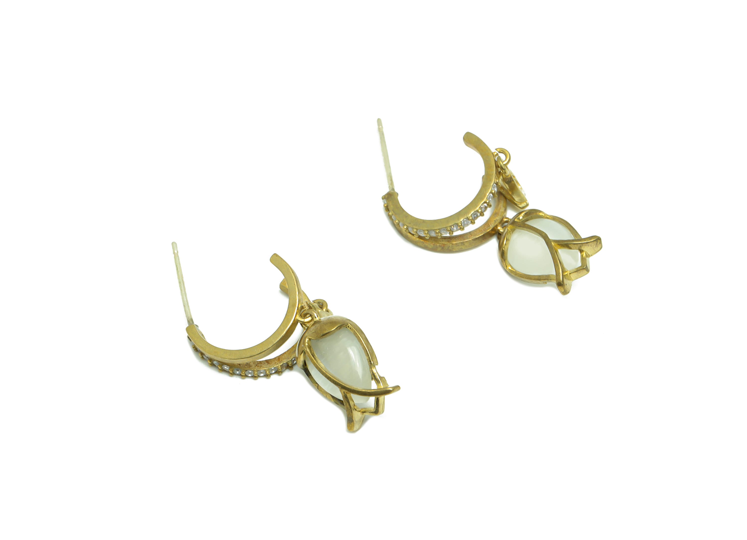 Brass Tulip Dangle C Hoop Earring Post - Raw Brass Tulip Zircon Earring Post - Brass Zircon Earring Post - Gemstone Post - 15x14x3mm -PP8959 - DOMEDBAZAAR