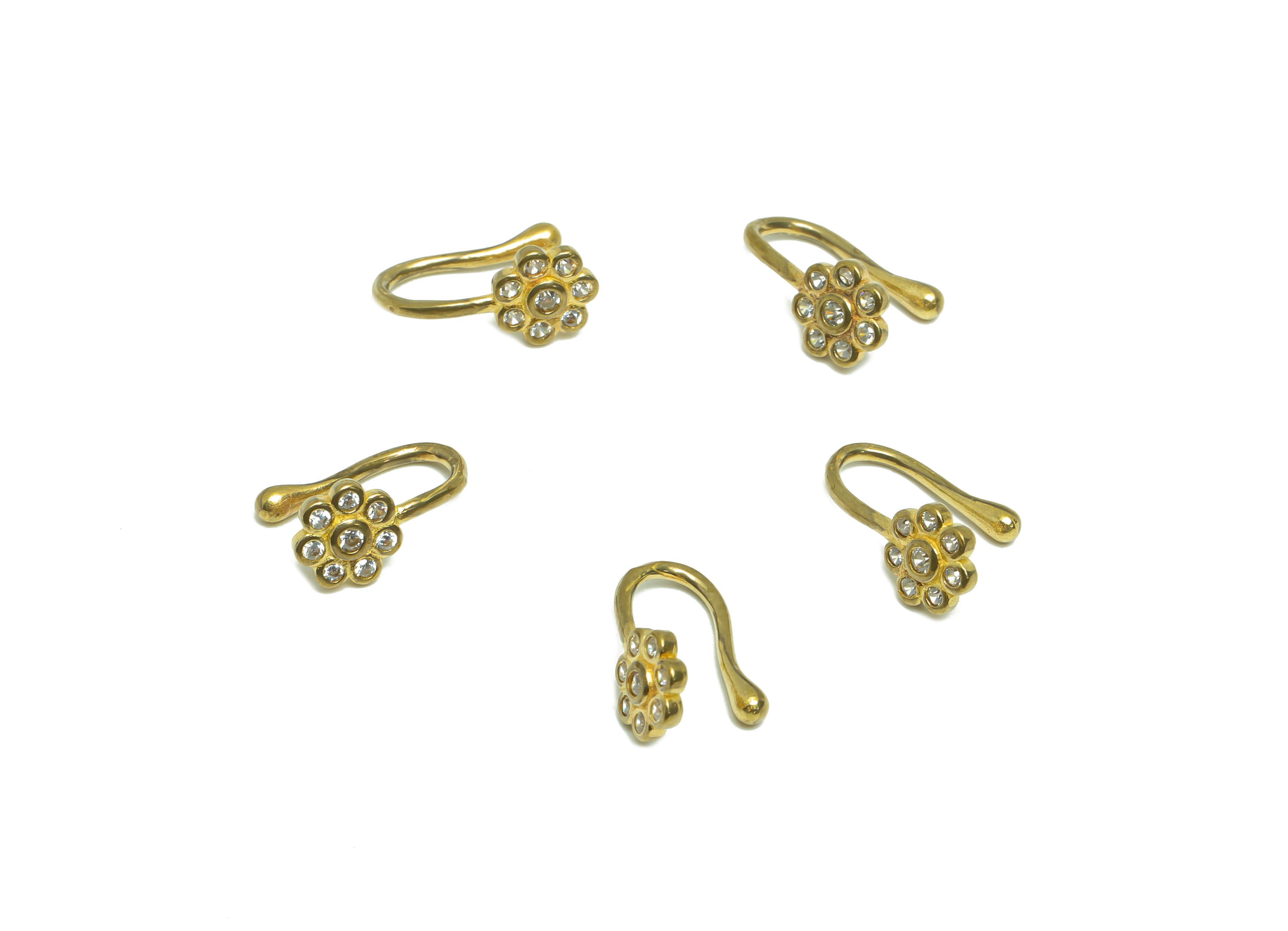 Brass Cuff Zircon Earring - Raw Brass Flower Wire Hook Earring - Brass Zircon Nose Clip - Flower Cuff Hook Wire Earring - 11x6x6.1mm- PP8985 - DOMEDBAZAAR