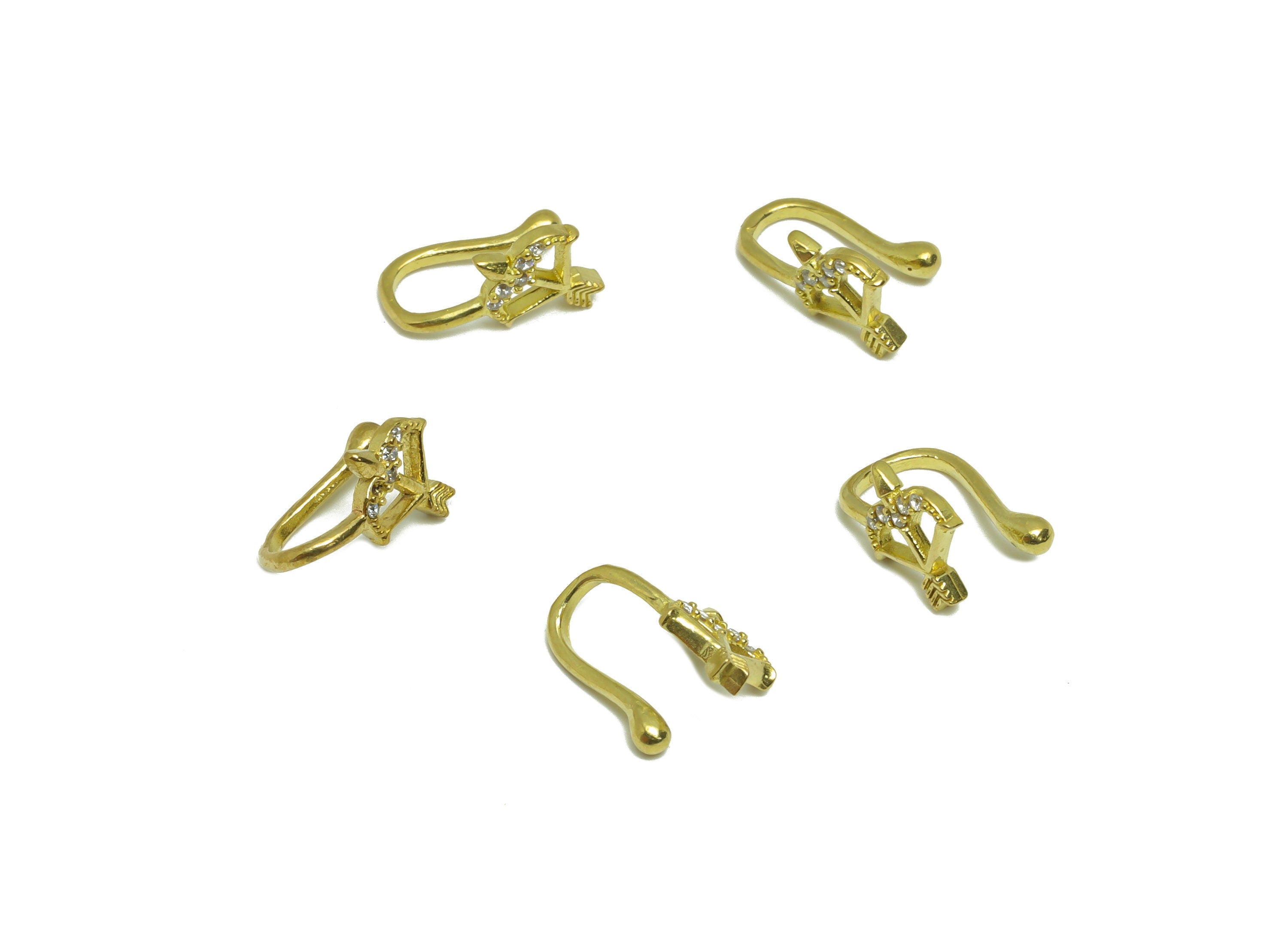 Brass Cuff Zircon Earring - Raw Brass Bow Arrow Wire Hook Earring - Cupid&#39;s Arrow Nose Clip - Cuff Hook Wire Earring -12x6.2x6mm- PP8983 - DOMEDBAZAAR