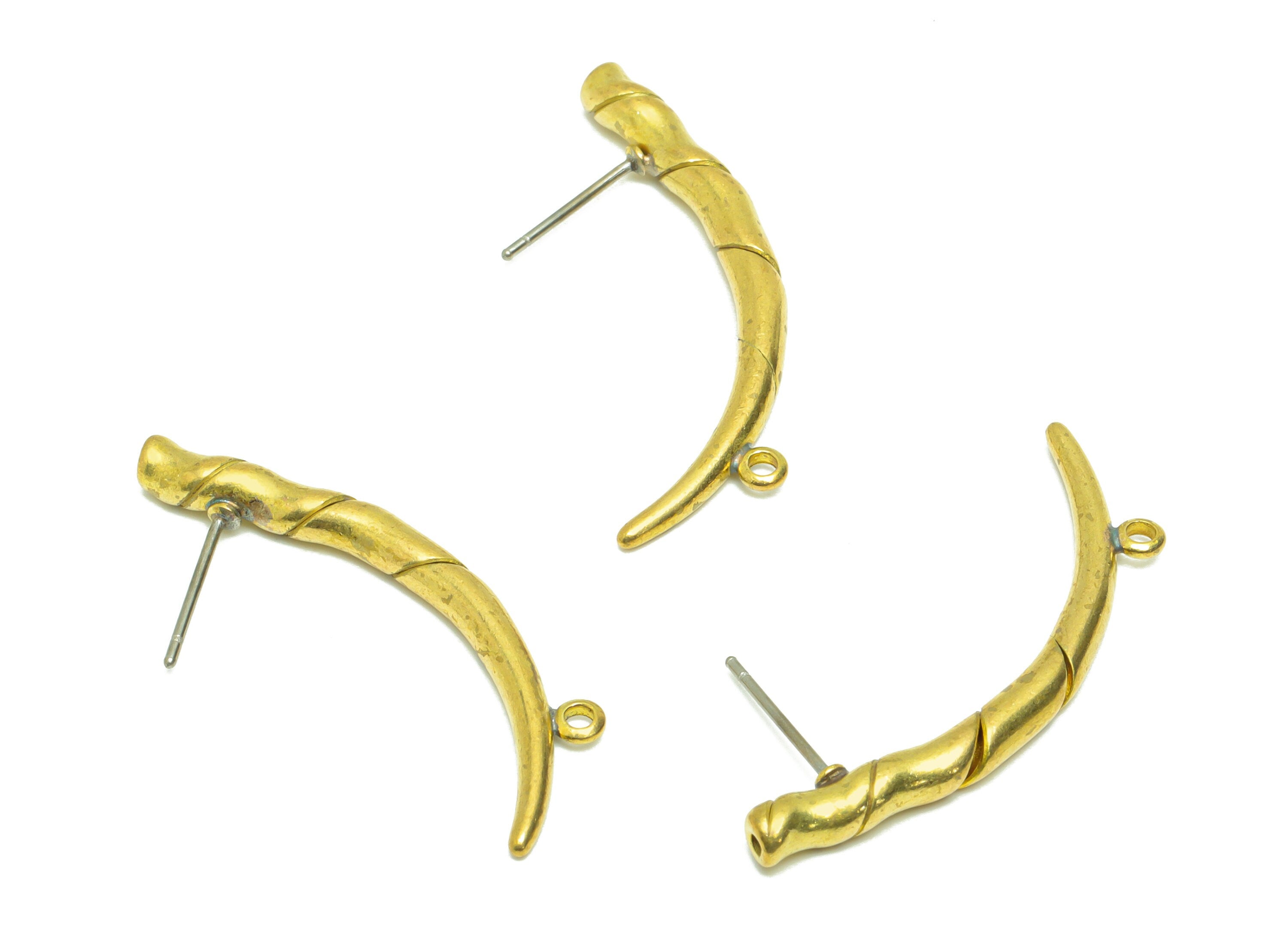 Brass Horns Earring Post - Brass Horns Earring Stud - Brass Stick Bent Earring Post With Loop - Horns Earring Post - 35.1x15.4x3.2mm- PP9035 - DOMEDBAZAAR