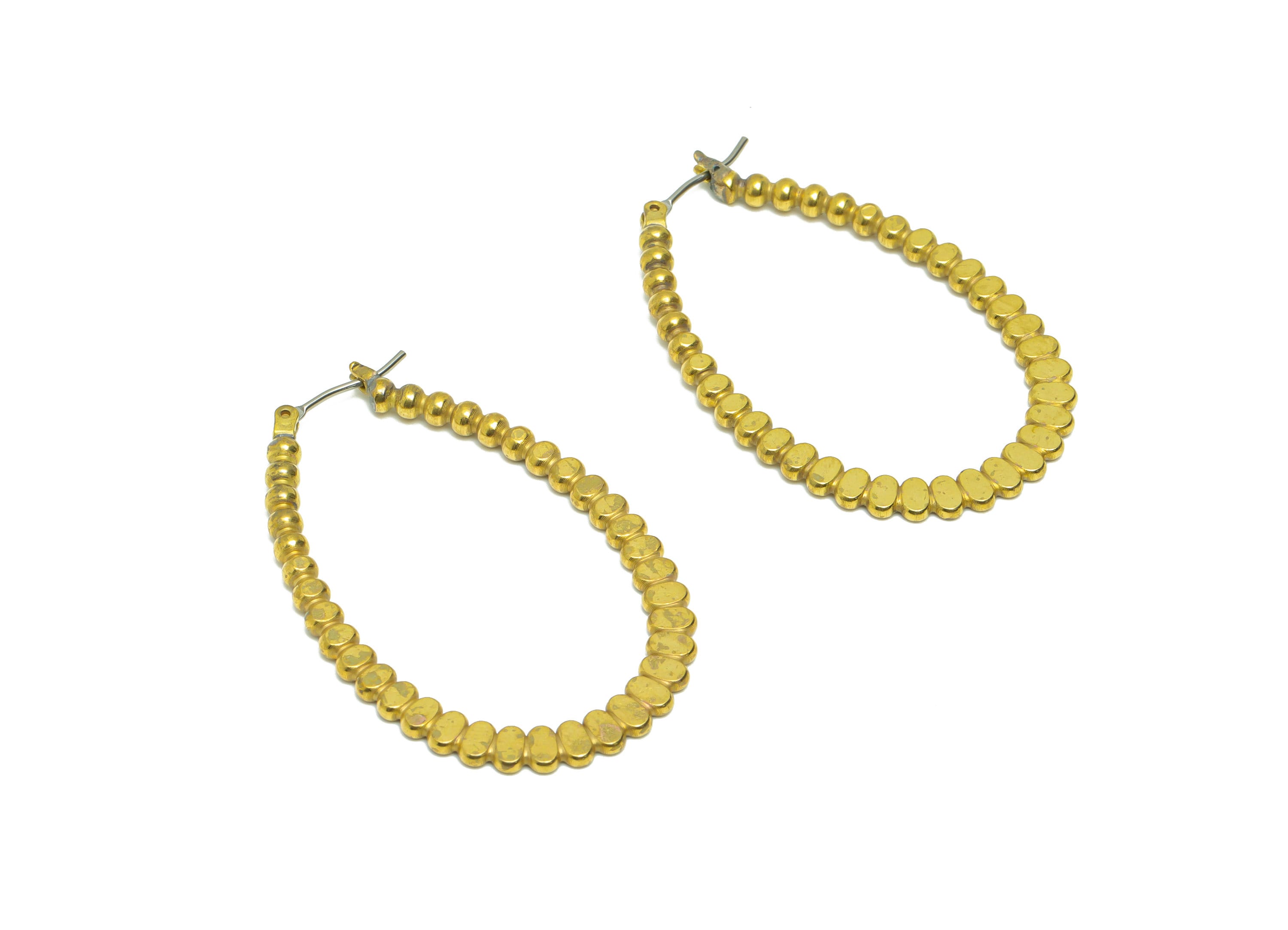 Drop Hoop Hinged Back Earring - Brass Oval Hammered Earring - Brass Beaded Hinged Back Earring - Hoop Clasp Earring - 45x29x2.97mm - PP9067 - DOMEDBAZAAR