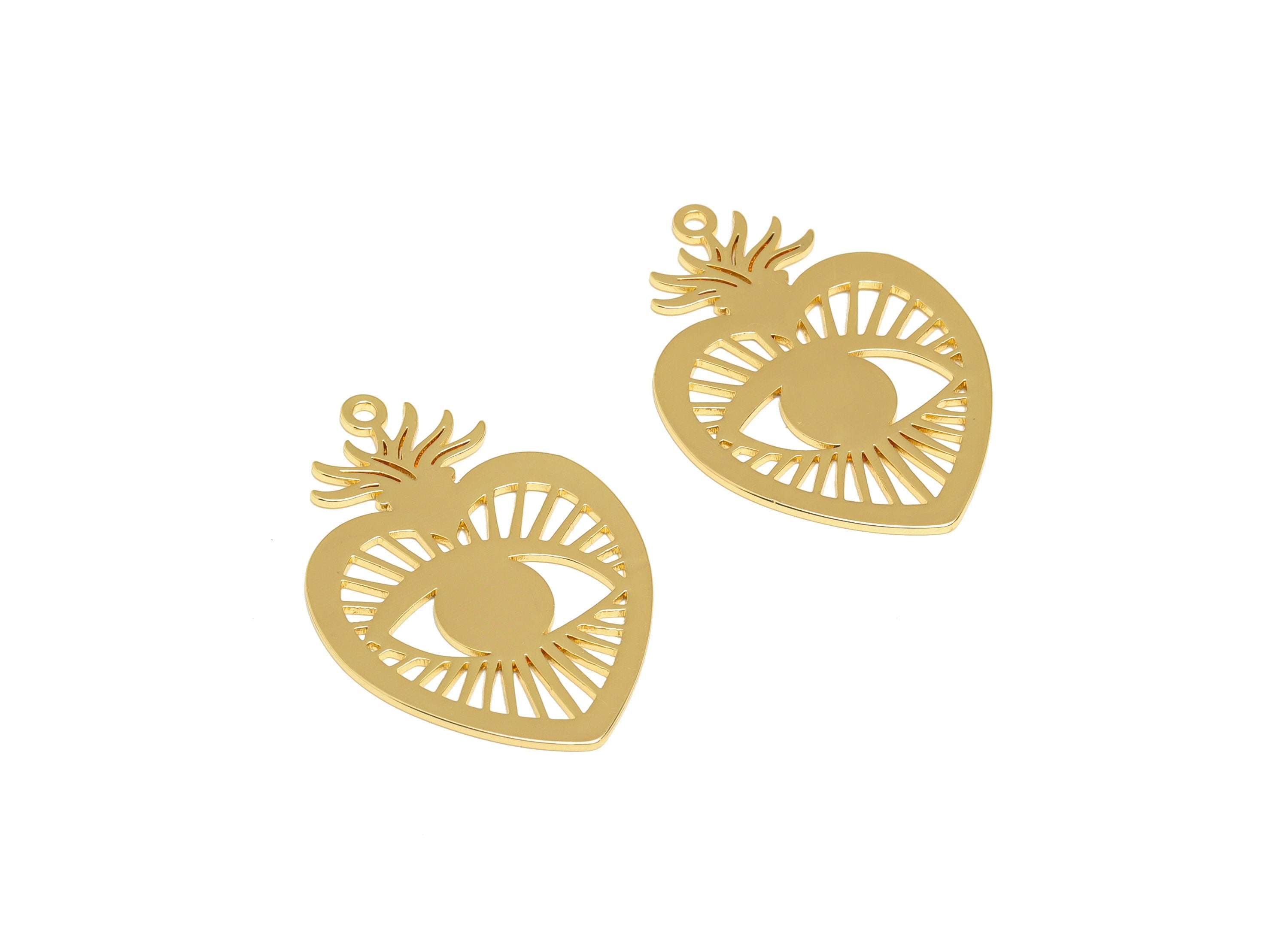 Brass Heart Earring Charm - Brass Eye Pendant - Heart Eye Earring Charms - 18K Real Gold Plating - 34.95x24.21x0.83mm - RGP7062 - DOMEDBAZAAR