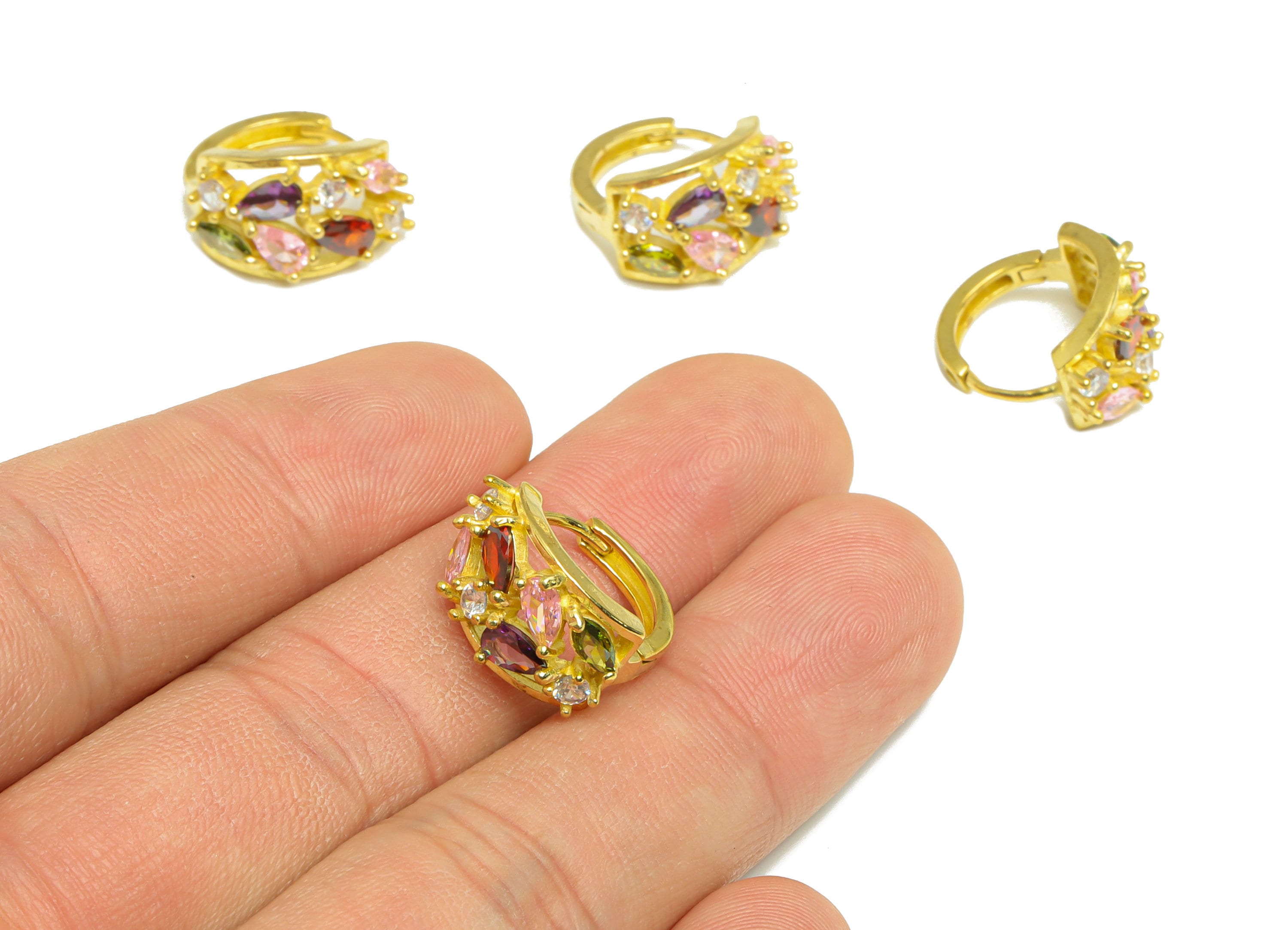 Brass Huggie Hoop Earring - Brass Zircon Clasp Hoop Earring - Rainbow Cubic Zircon Hoop Earring - Teardrop Hoop Earring - 16x16x10mm- PP9000 - DOMEDBAZAAR