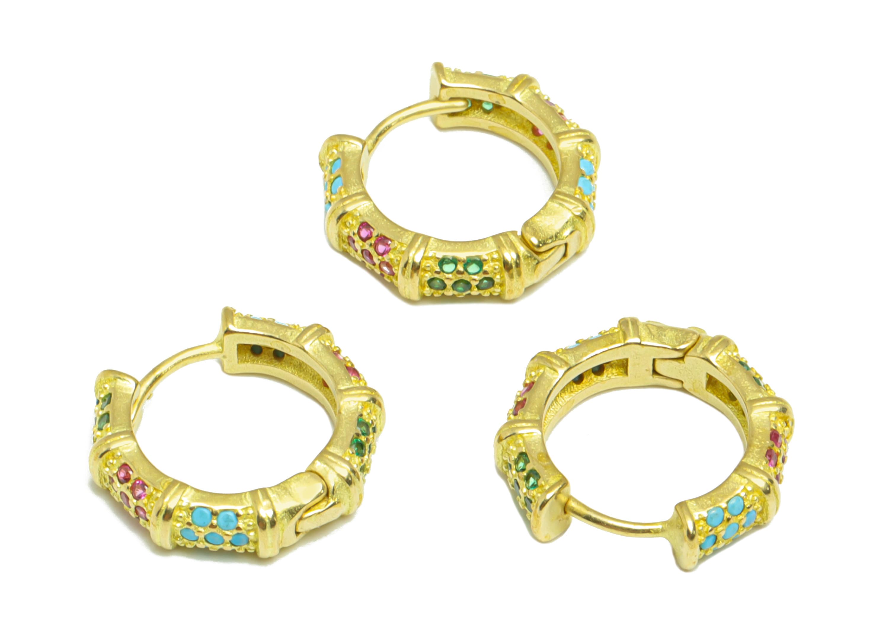 Brass Huggie Hoop Earring - Brass Textured Clasp Hoop Earring - Rainbow Cubic Zircon Hoop Earring - Hoop Earring - 14x13.3mx 3.5mm- PP8997 - DOMEDBAZAAR