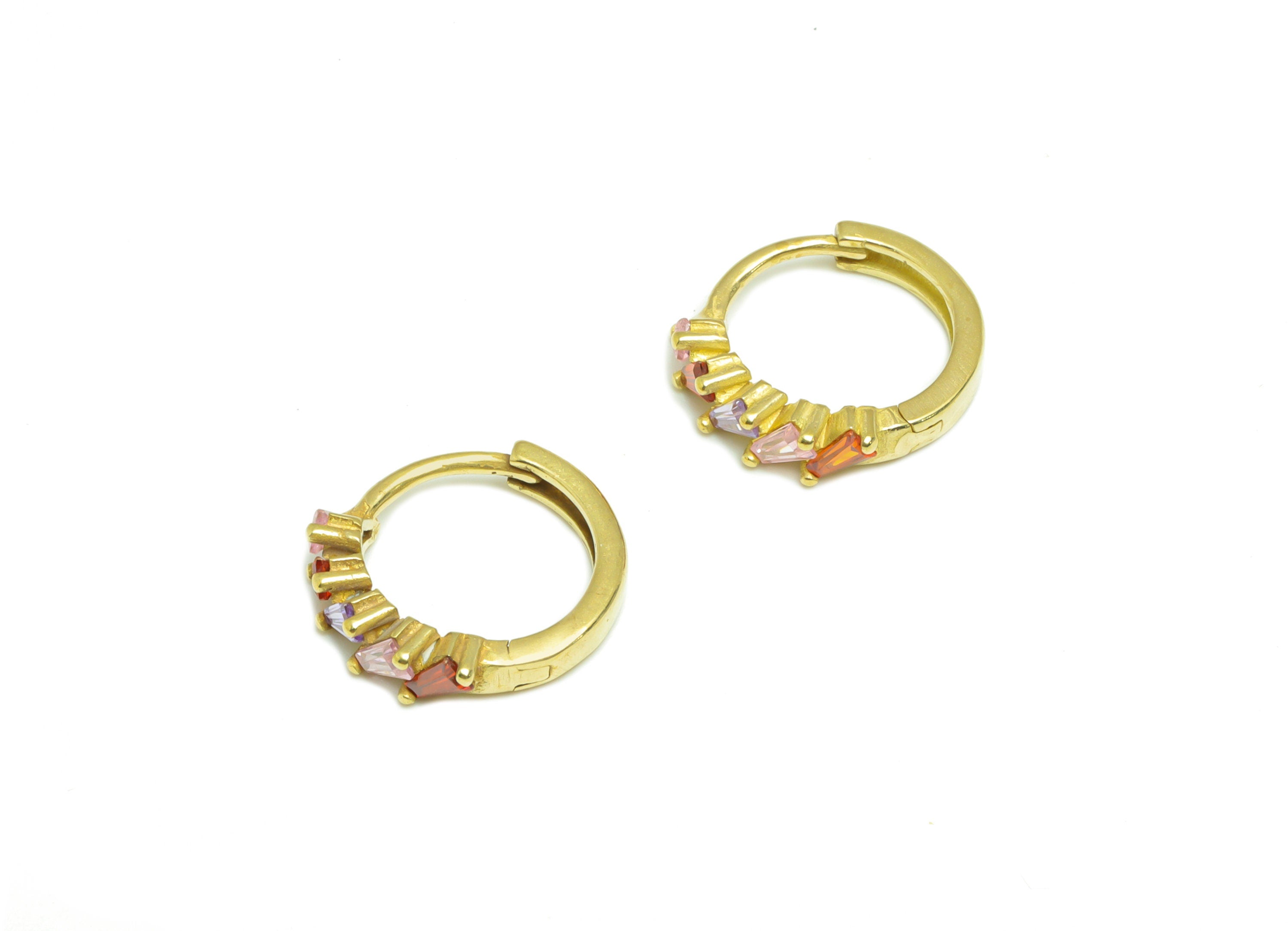 Brass Huggie Hoop Earring - Brass Clasp Hoop Earring - Rainbow Cubic Zircon Hoop Earring - Trapezoid Hoop Earring - 14x13.3mx 3.5mm- PP8998 - DOMEDBAZAAR