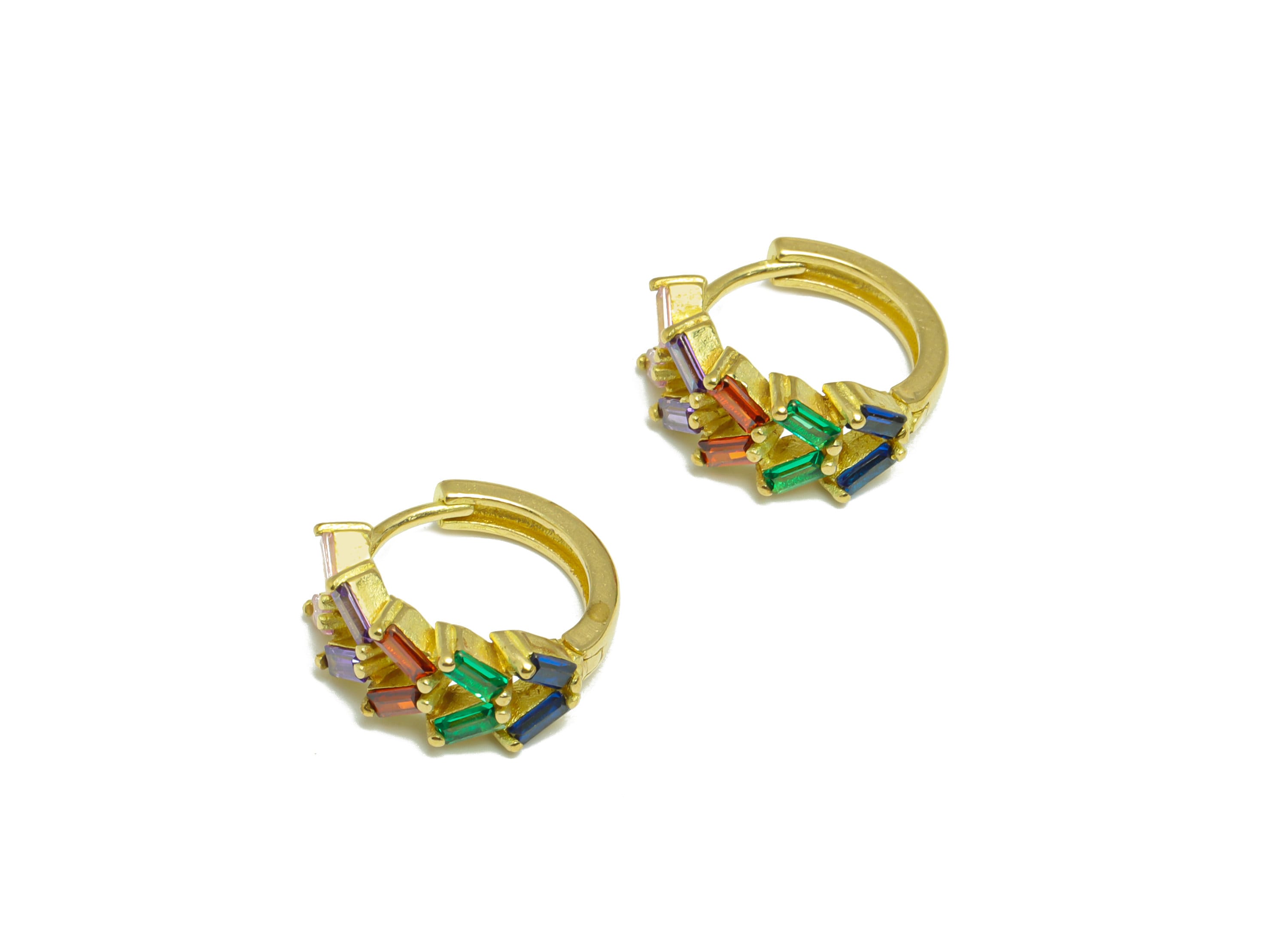 Brass Huggie Hoop Earring - Brass Zircon Clasp Hoop Earring - Rainbow Cubic Zircon Hoop Earring - Rectangle Hoop Earring - 14x14x6mm- PP9001 - DOMEDBAZAAR