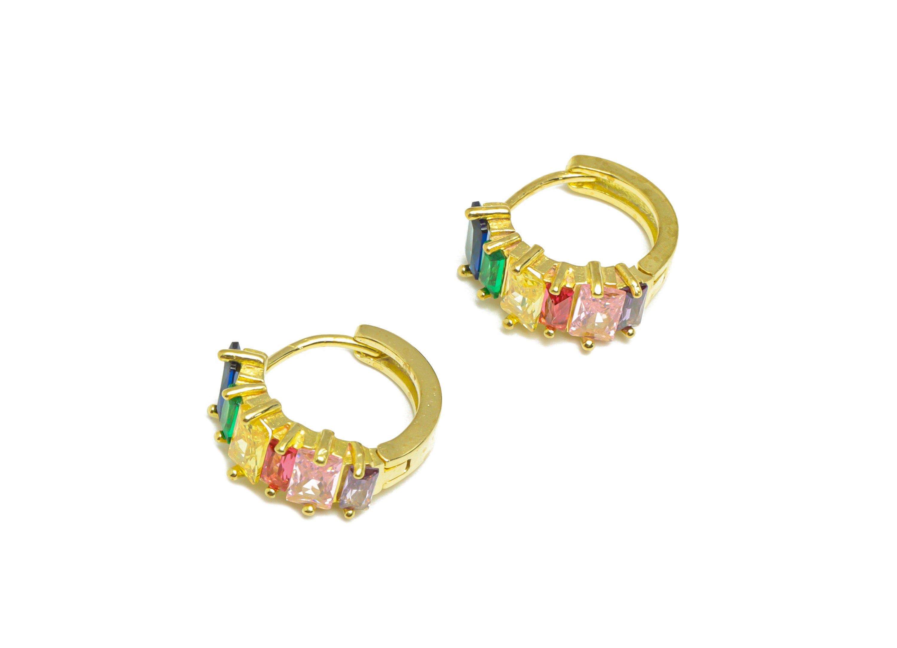 Brass Huggie Hoop Earring - Brass Zircon Clasp Hoop Earring - Rainbow Cubic Zircon Hoop Earring - Rectangle Hoop Earring - 14x13x6mm- PP9002 - DOMEDBAZAAR