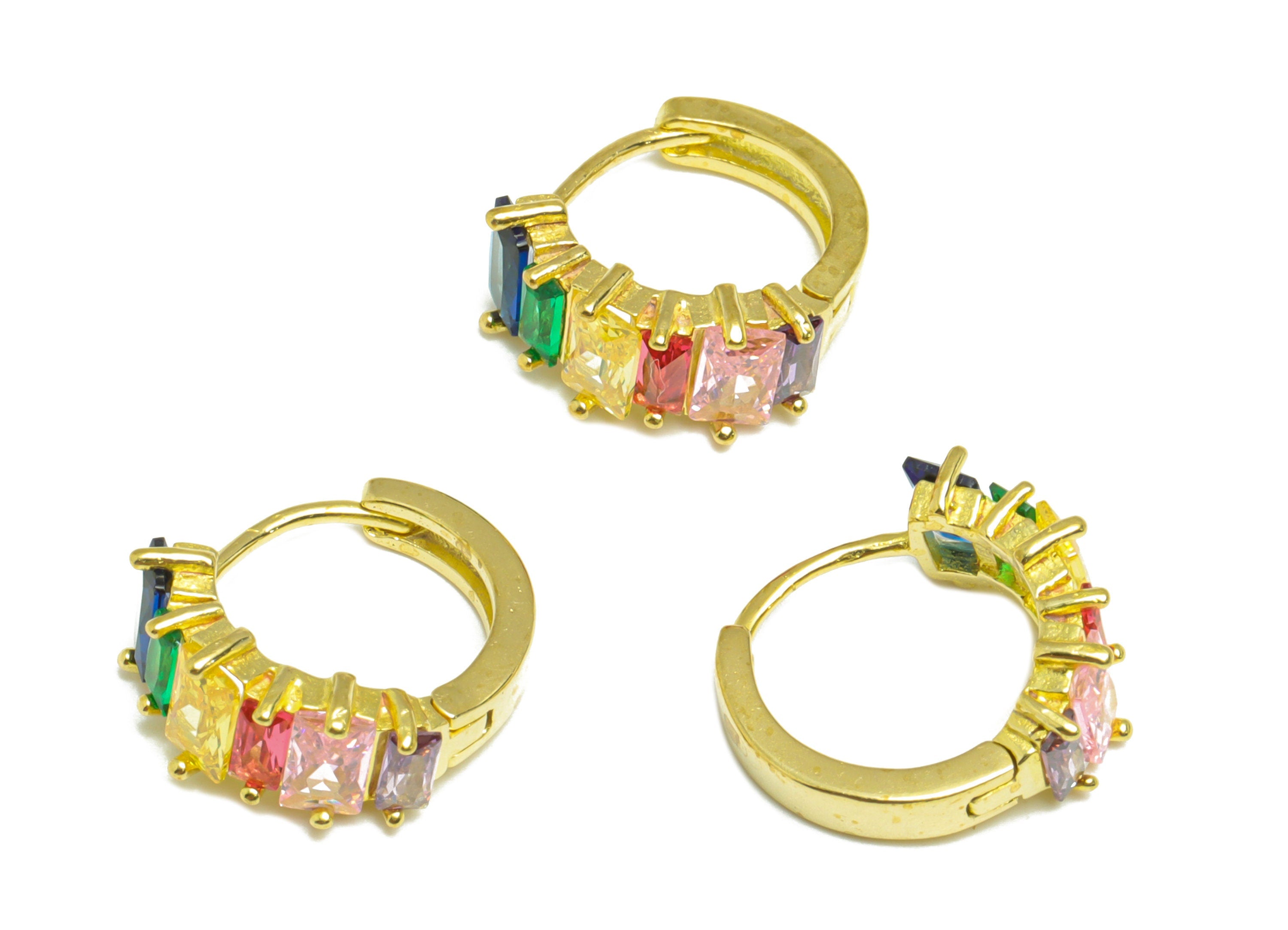 Brass Huggie Hoop Earring - Brass Zircon Clasp Hoop Earring - Rainbow Cubic Zircon Hoop Earring - Rectangle Hoop Earring - 14x13x6mm- PP9002 - DOMEDBAZAAR