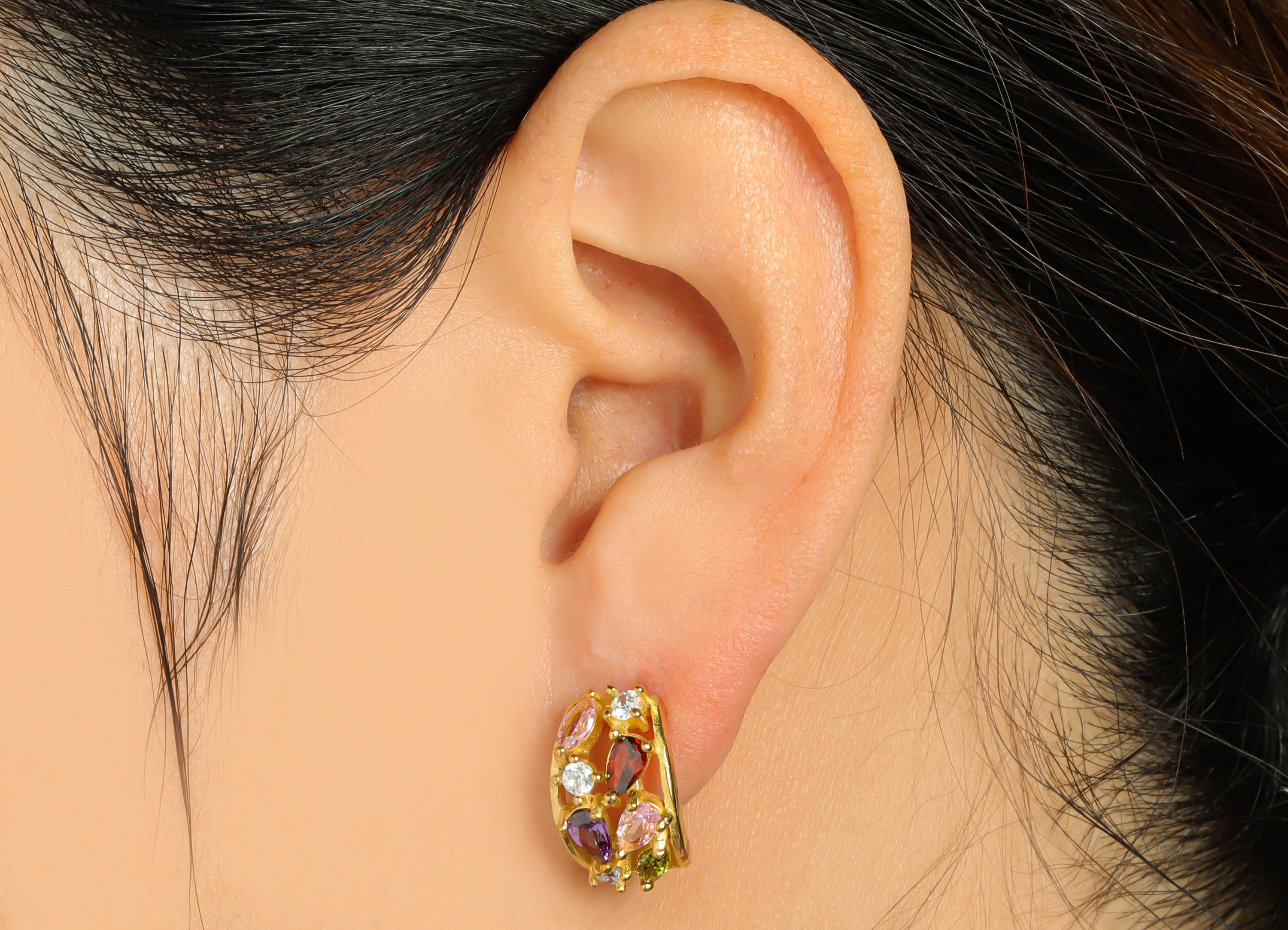 Brass Huggie Hoop Earring - Brass Zircon Clasp Hoop Earring - Rainbow Cubic Zircon Hoop Earring - Rectangle Hoop Earring - 14x13x6mm- PP9002 - DOMEDBAZAAR