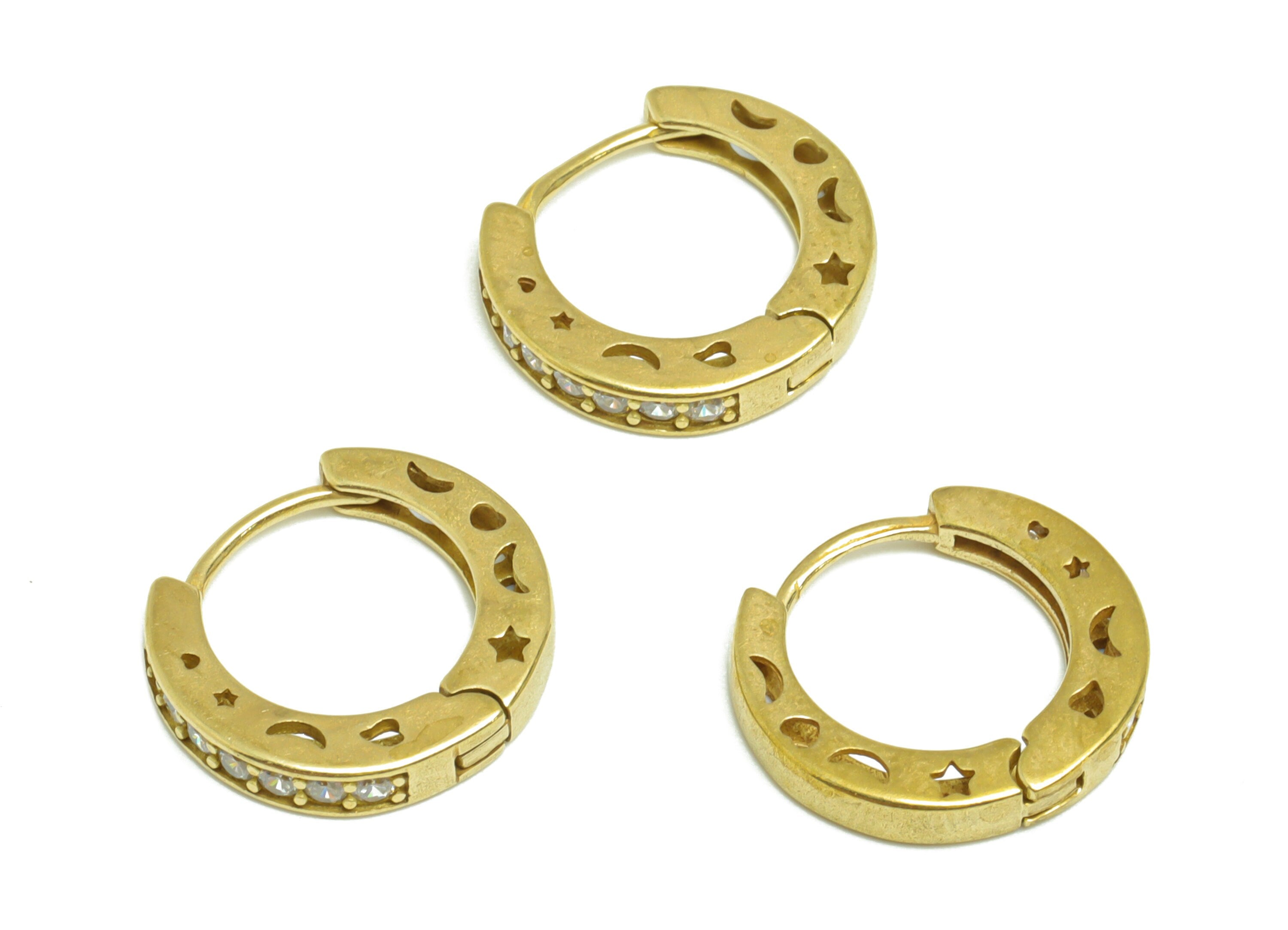Brass Hoop Huggie  Earring - Brass Crescent Clasp Hoop Earring - Wavy Star Hoop Earring - Heart Zircon Hoop Earring - 16x14x3mm - PP9007 - DOMEDBAZAAR