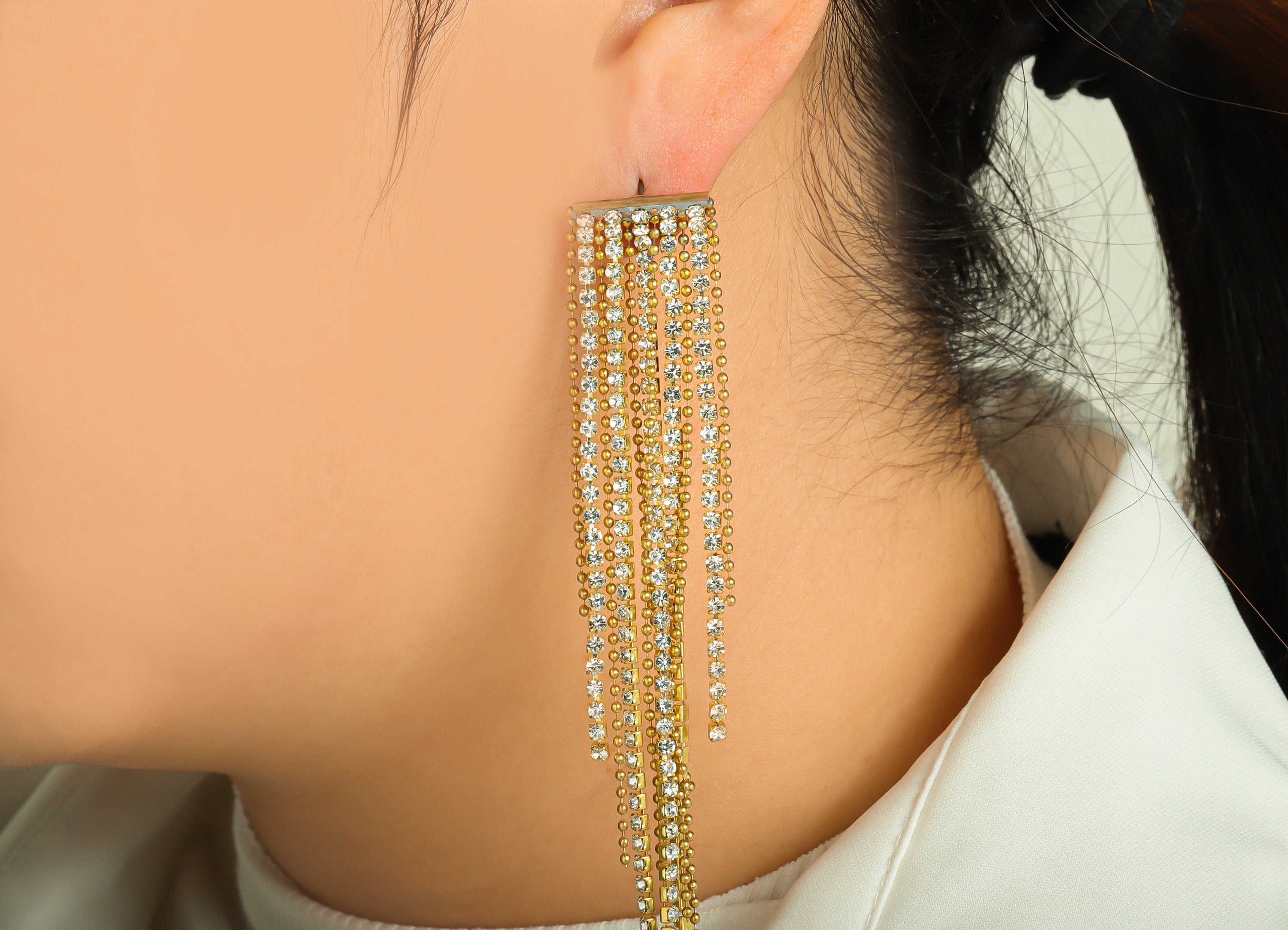 Brass Bead CZ Tassel Chain Earring Stud - Raw Brass Zircon Earring Post - Minimalist Long Chain Hanging - Tassel Post - 127x17x1mm - PP9223 - DOMEDBAZAAR