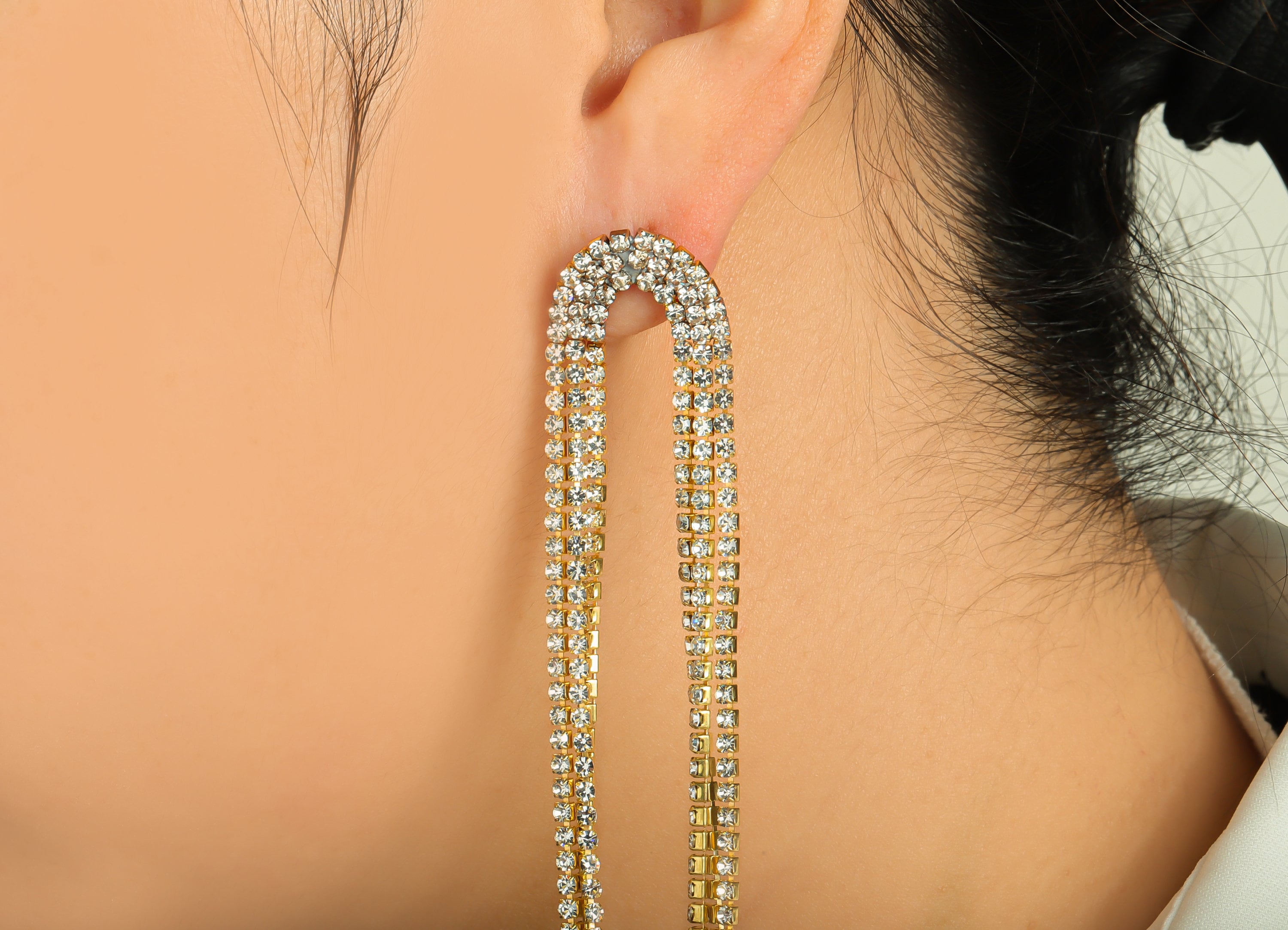 Brass U CZ Tassel Earring Stud - Raw Brass Zircon Tassel Earring Post - Minimalist Long Chain Hanging - Tassel Post - 186x18.95x2mm - PP9221 - DOMEDBAZAAR