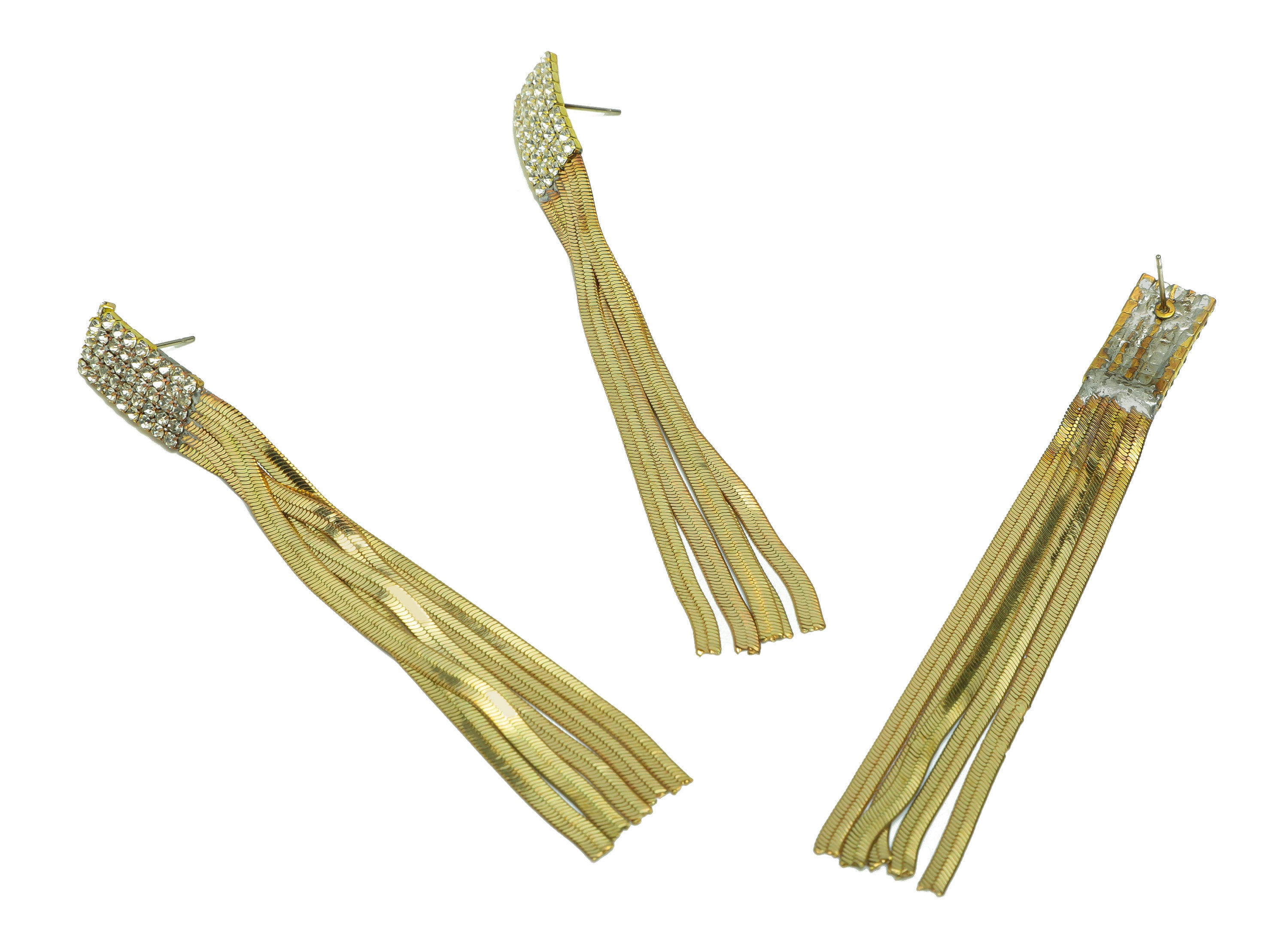 Brass Snake Chain Tassel Earring Stud - Raw Brass Zircon Tassel Earring Post - Geometry Snake Chain Earring Post - 97x10x2.6mm - PP9226 - DOMEDBAZAAR