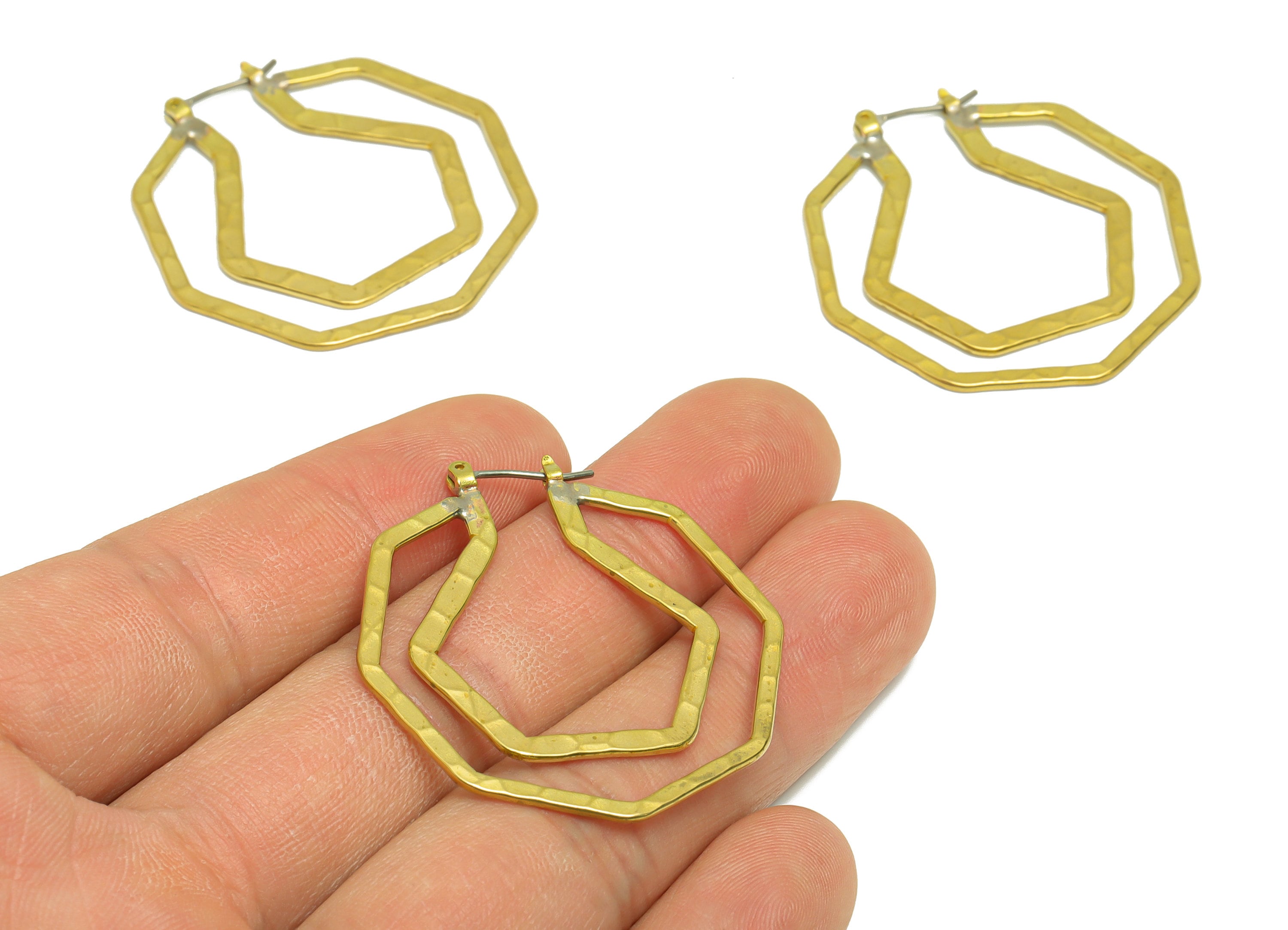 Brass Octagon Hoop Earring - Brass Hinged Back Earring - Brass Hammered Hinged Pentagon Earring - Brass Hammered Clasp - 39x38x1mm - PP9419 - DOMEDBAZAAR