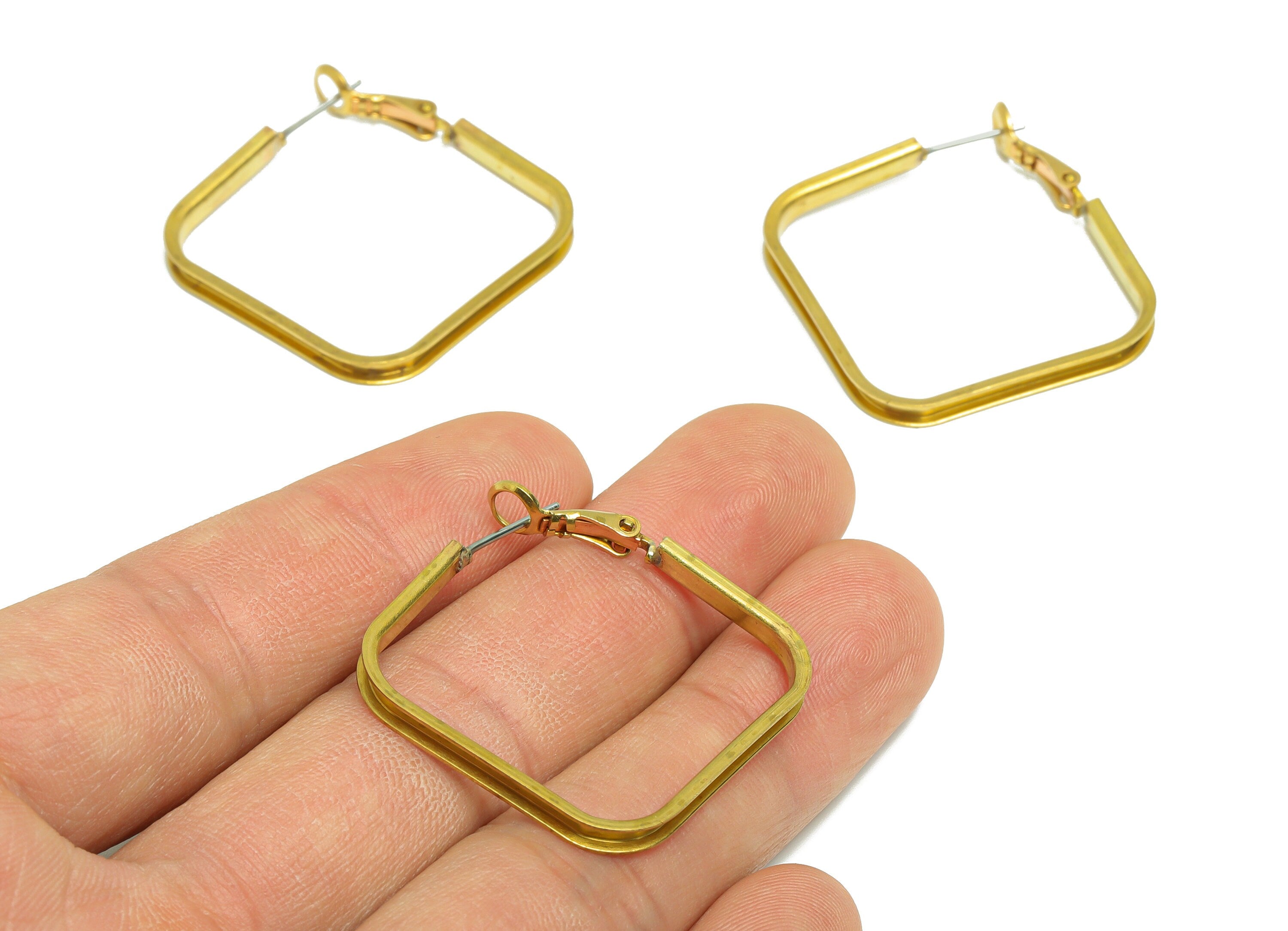 Brass Square Hoop Earring - Clasp Back Earring - Square Clasp Back Earring - Geometry Lock Earring - Raw Brass Clasp Back - 38x34x3mm-PP9399 - DOMEDBAZAAR