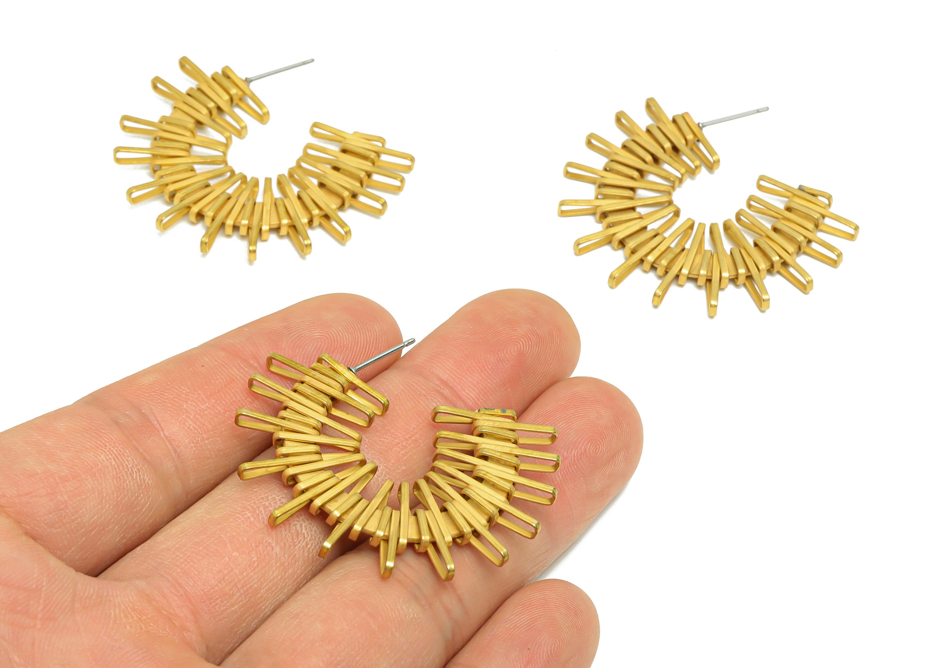 Brass Sun C Hoop Earring Post - Raw Brass Wire Sunshine Earring Stud - Brass Open Hoop Earring Stud - Wire Stud - 39.66x39.69x3.2mm - PP9467 - DOMEDBAZAAR
