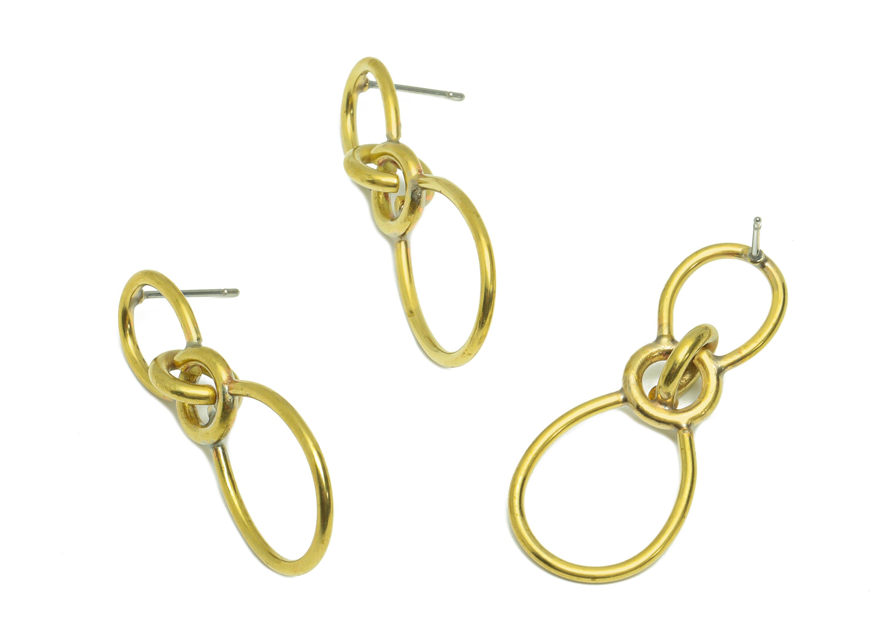 Interlocking Geometry Dangle Earring Post - Brass Rings Earring Stud - Raw Brass Earring Post - Brass Wire Earring Post - 37x15x1mm - PP9442 - DOMEDBAZAAR