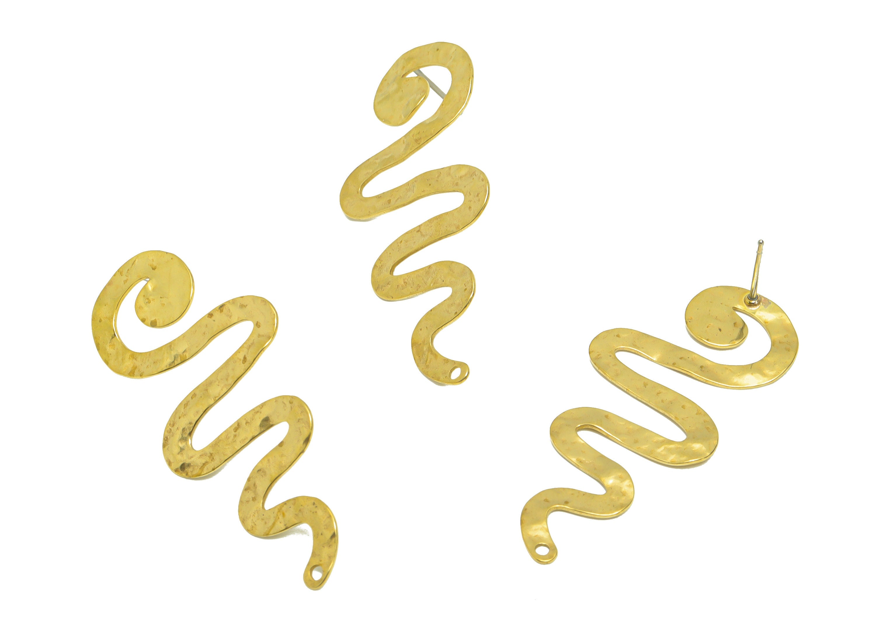 Brass Hammered Snake Earring Post - Brass Snake Earring Stud With Hole - Hammered Snake Earring Post - Textured Snake - 44x19x0.8mm - PP9377 - DOMEDBAZAAR