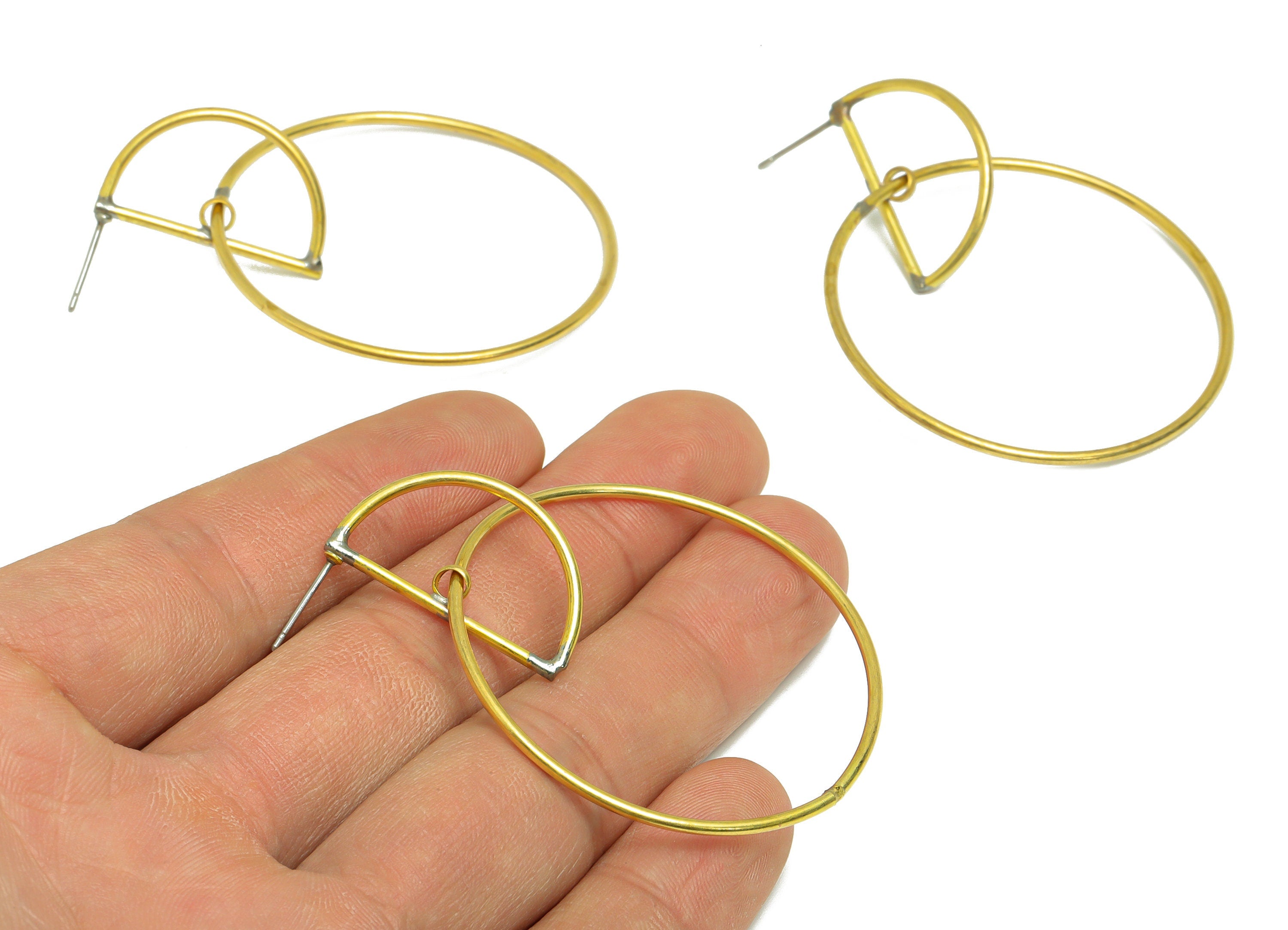 Interlocking Geometry Dangle Earring - Brass Half Moon Earring Stud - Brass Circle Earring Post - Brass Earring Post - 58x44x2mm -PP9134 - DOMEDBAZAAR