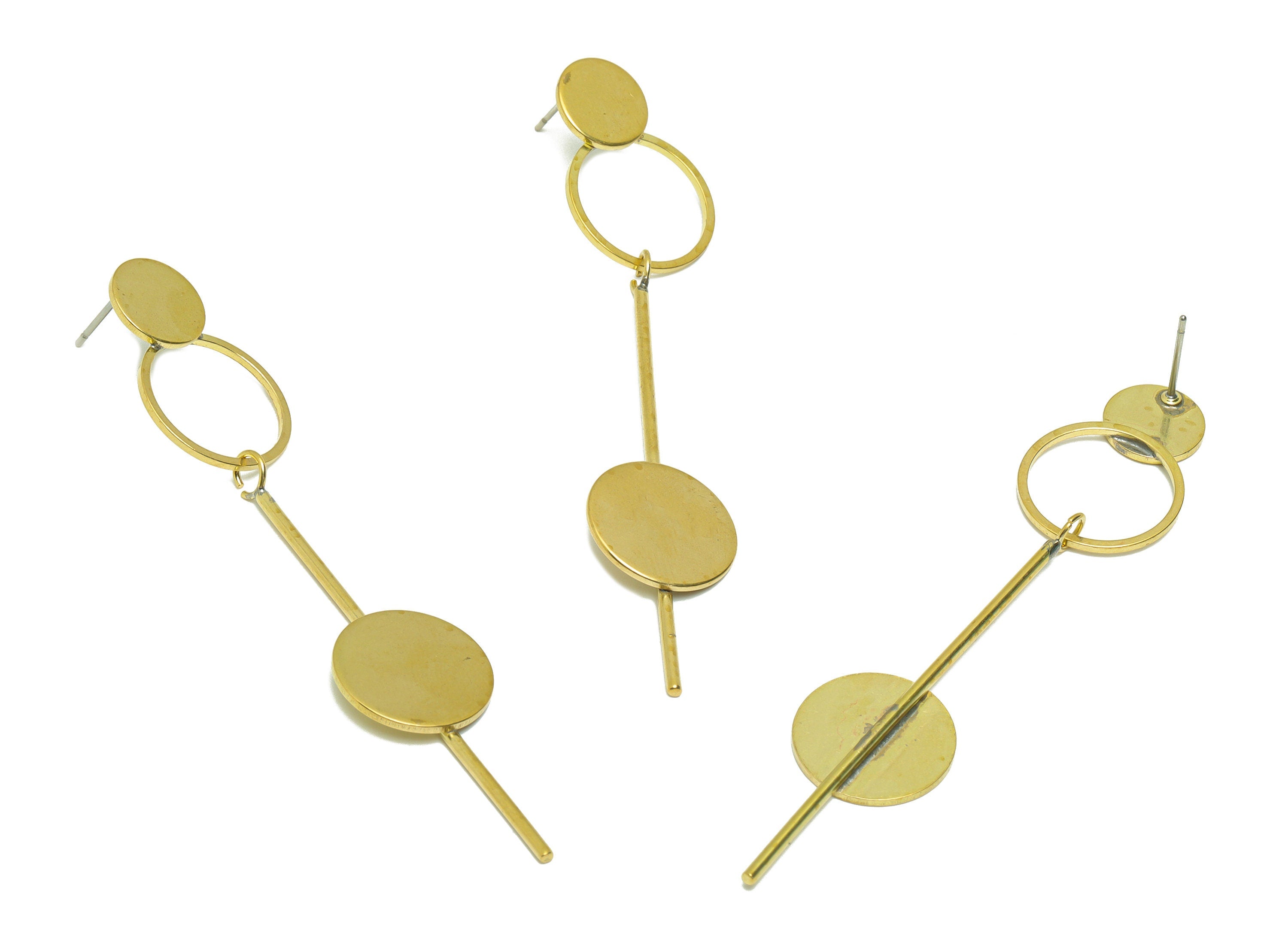 Brass Round Dangle Earring Post - Brass Double Circle Earring Stud - Brass Ring Wire Earring Post - Stick Earring Post - 70x15x16mm - PP9127 - DOMEDBAZAAR