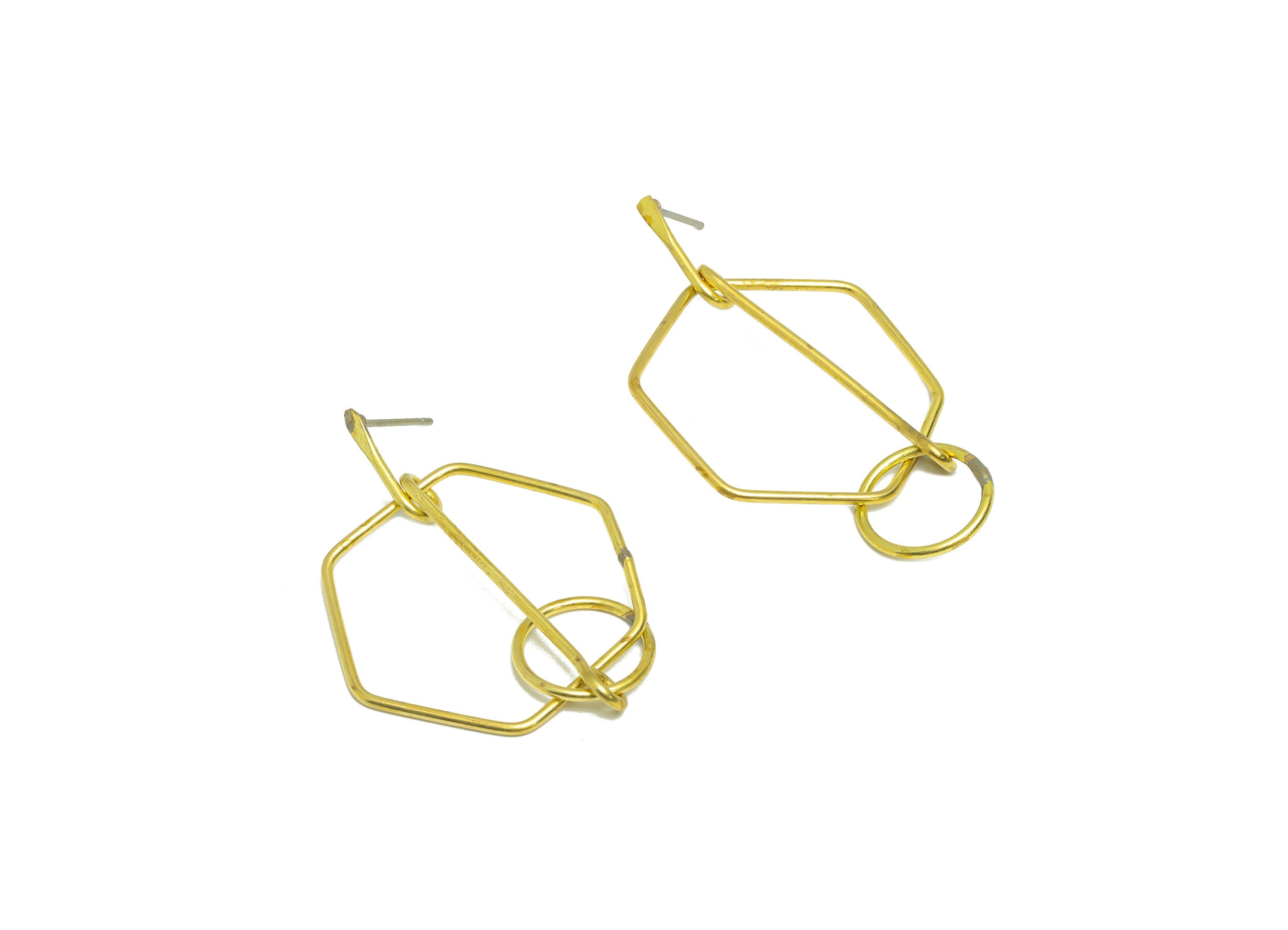 Brass Hexagon Dangle Wire Earring Post - Raw Brass Stick Earring Post - Hammered Knot Earring Post - Geometry Earring Post -49x29x1mm-PP9144 - DOMEDBAZAAR