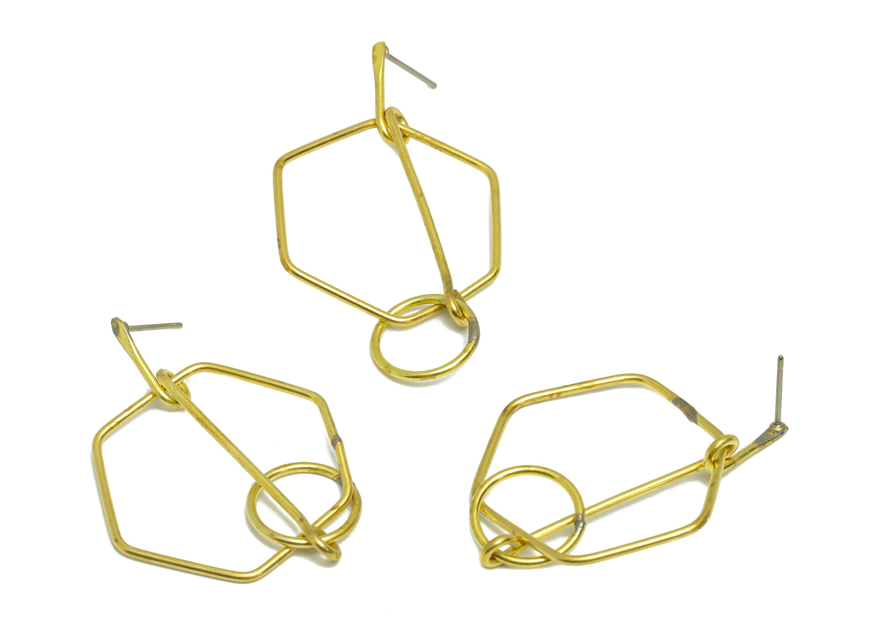 Brass Hexagon Dangle Wire Earring Post - Raw Brass Stick Earring Post - Hammered Knot Earring Post - Geometry Earring Post -49x29x1mm-PP9144 - DOMEDBAZAAR