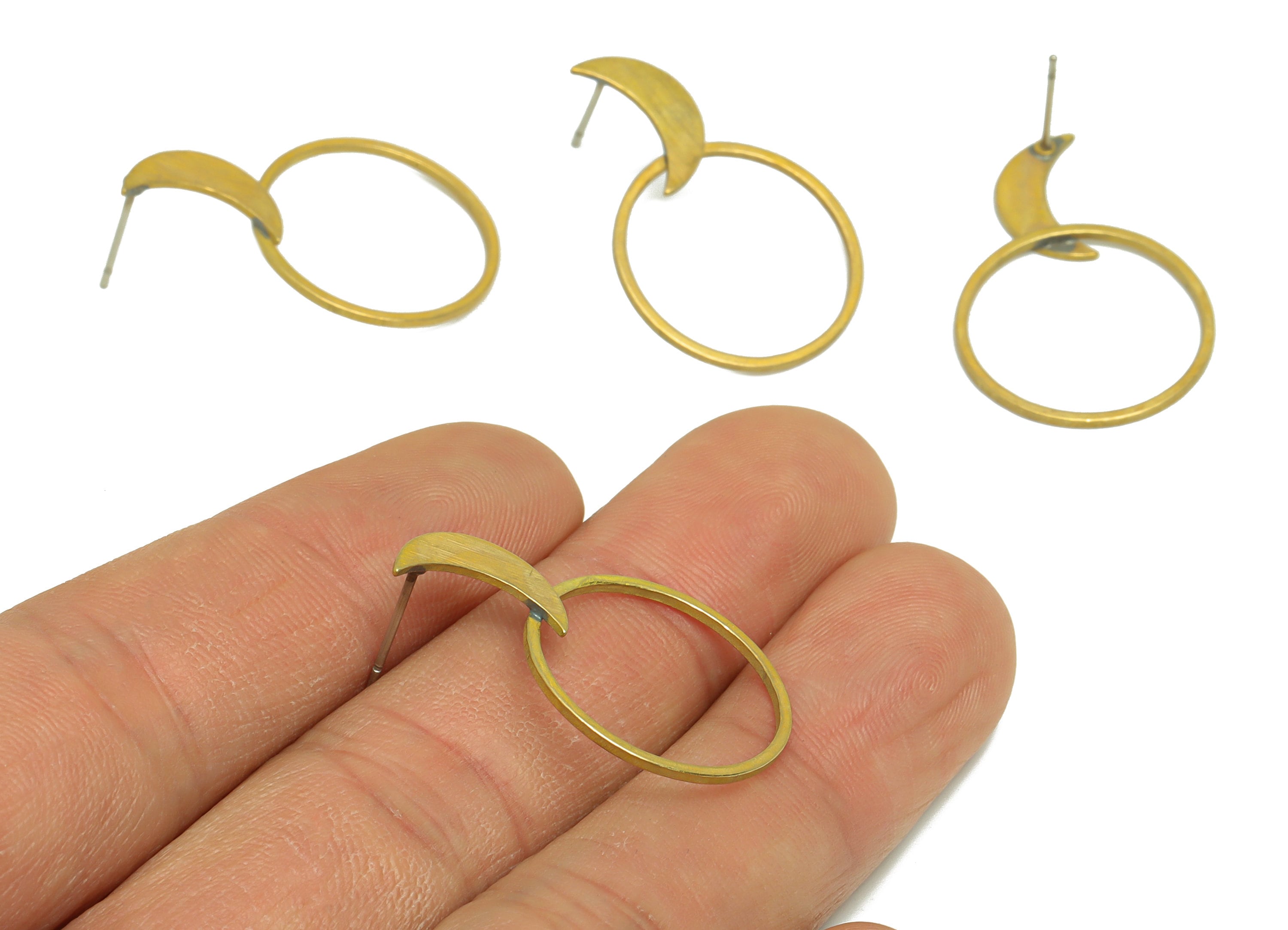 Brass Crescent Earring Post - Raw Brass Ring Textured Wire Earring Post - Round Moon Earring Post - Textured Earring Post - 29x19x1mm-PP9147 - DOMEDBAZAAR