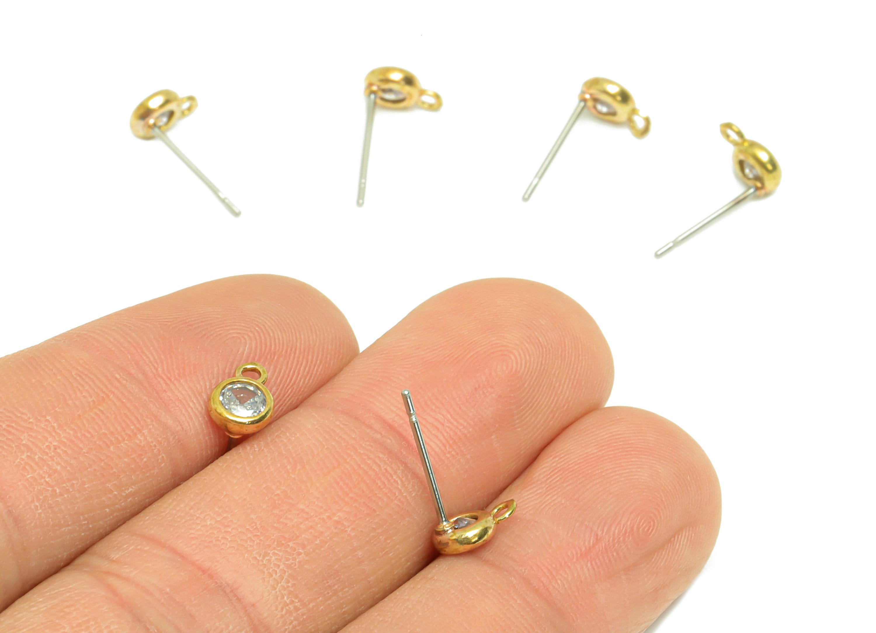 Brass Round Earring Post - Raw Brass Circle Zircon Earring Post - Mini Cubic Zircon Earring Post - Brass Post With Loop - 13x7x5mm - PP8977 - DOMEDBAZAAR