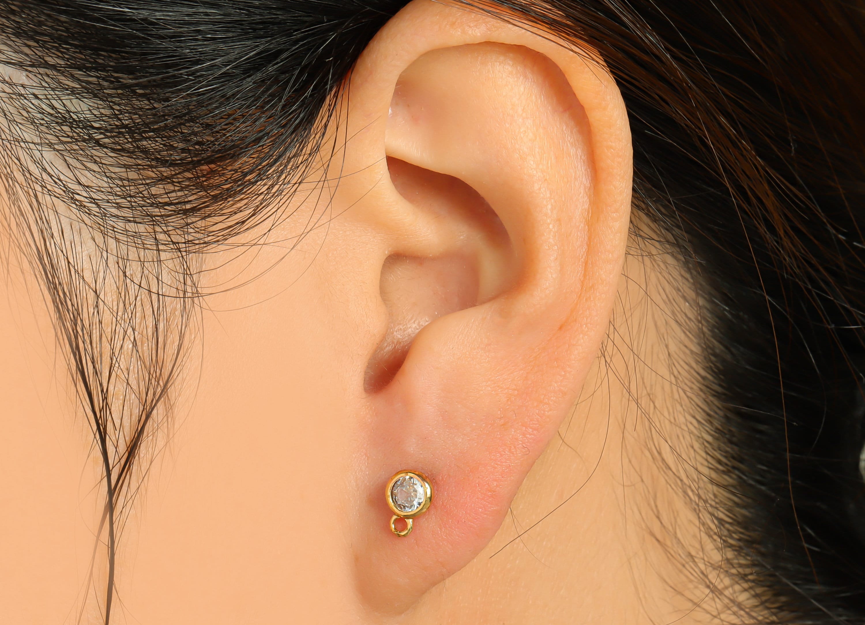 Brass Round Earring Post - Raw Brass Circle Zircon Earring Post - Mini Cubic Zircon Earring Post - Brass Post With Loop - 13x7x5mm - PP8977 - DOMEDBAZAAR