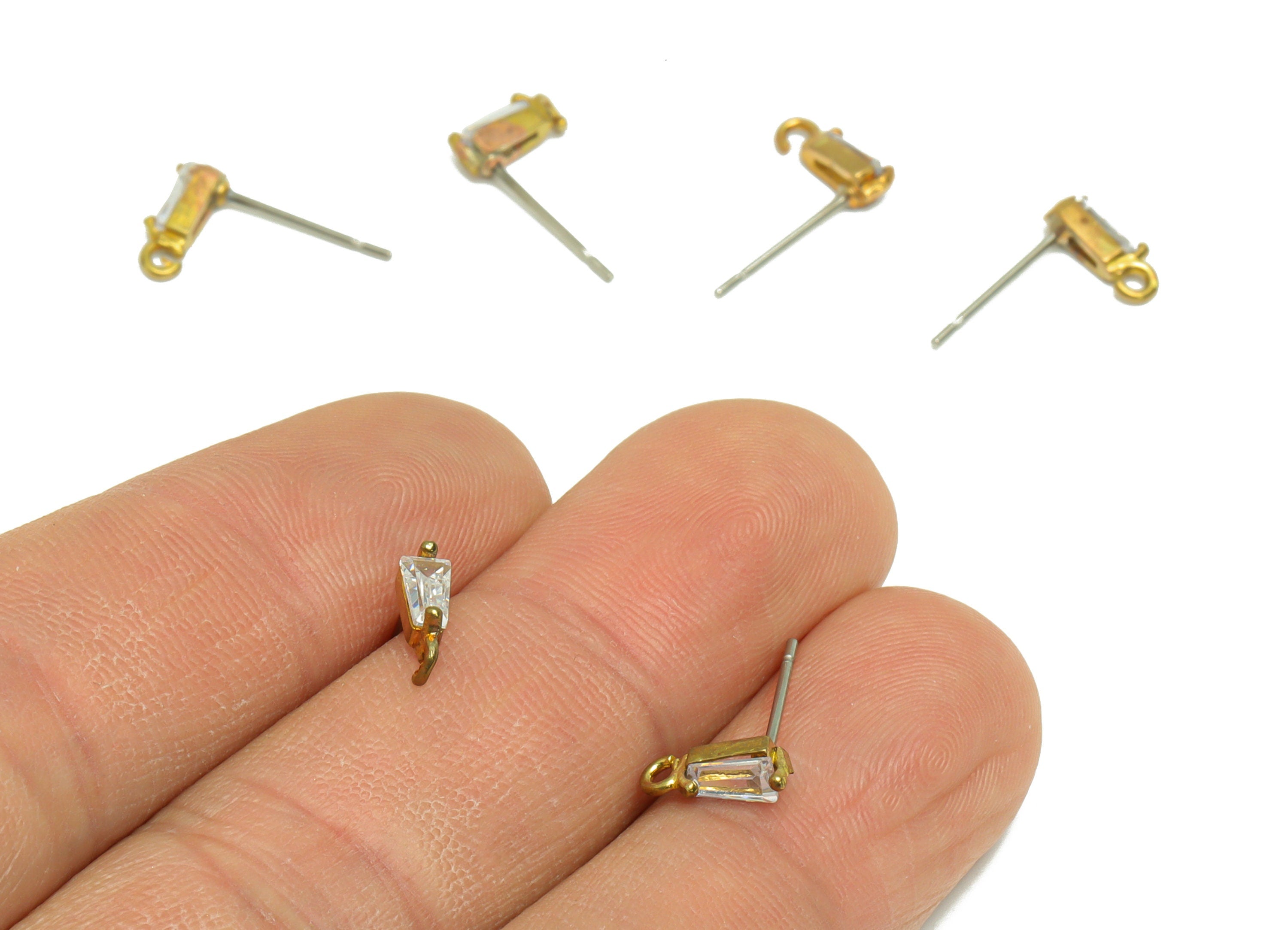 Brass Trapezoid Earring Post - Raw Brass Geometry Zircon Earring Post - Brass Cubic Zircon Earring Post - Post With Loop - 15x8x2mm - PP8968 - DOMEDBAZAAR