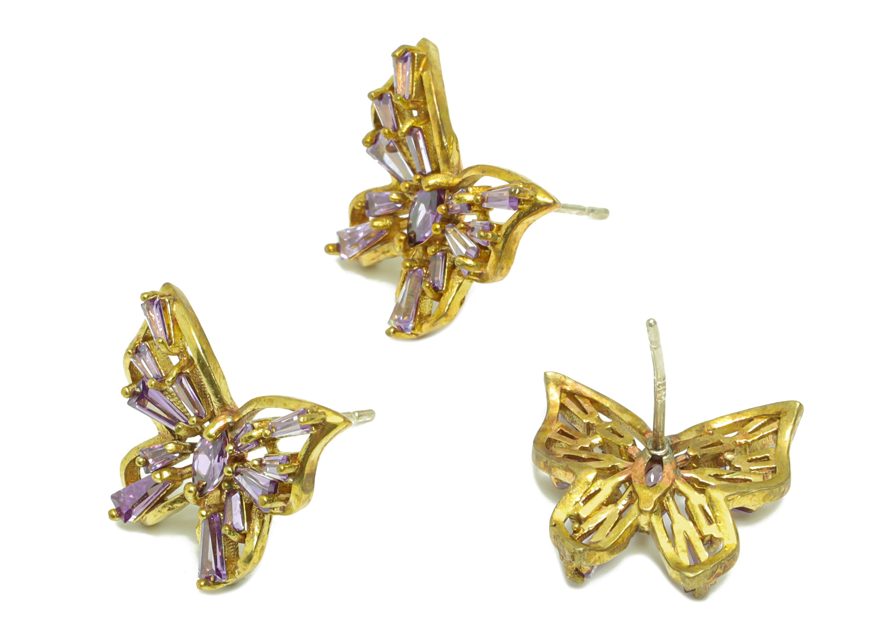 Brass Zircon Butterfly Earring Post - Raw Brass Purple Zircon Earring Post - Brass Cubic Zircon Earring Post - Zircon Post -15x14x3mm-PP8956 - DOMEDBAZAAR